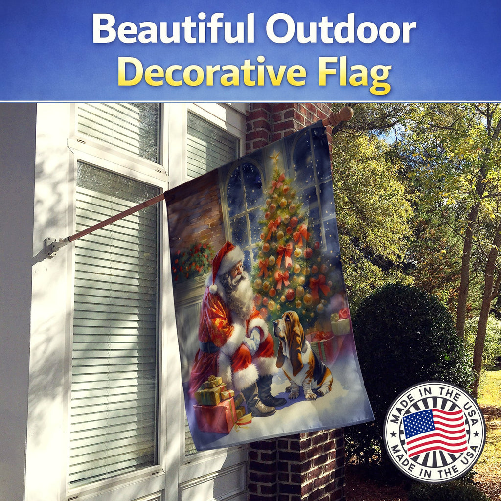 Basset Hound and Santa Claus House Flag 28x40 Porch Sleeve Pole Decorative Outside Yard Banner Artwork Wall Hanging, Polyester
