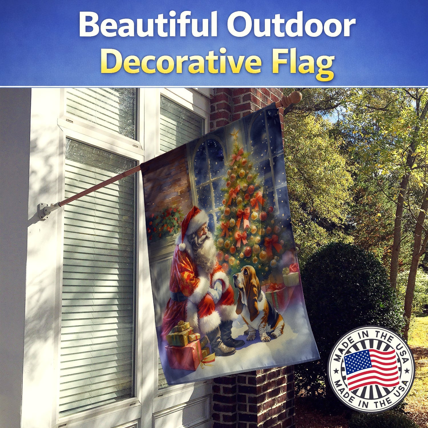 Basset Hound and Santa Claus House Flag 28x40 Porch Sleeve Pole Decorative Outside Yard Banner Artwork Wall Hanging, Polyester