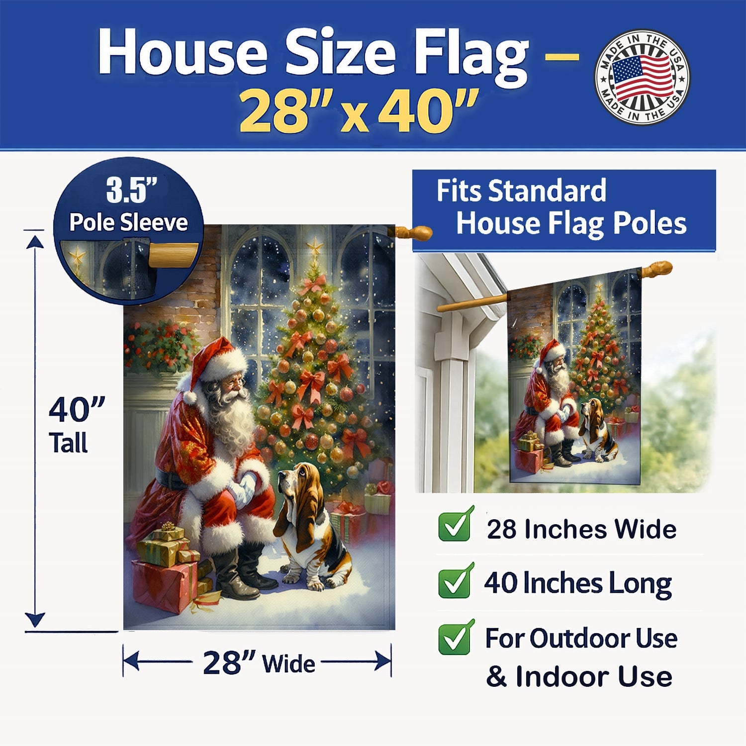Basset Hound and Santa Claus House Flag 28x40 Porch Sleeve Pole Decorative Outside Yard Banner Artwork Wall Hanging, Polyester