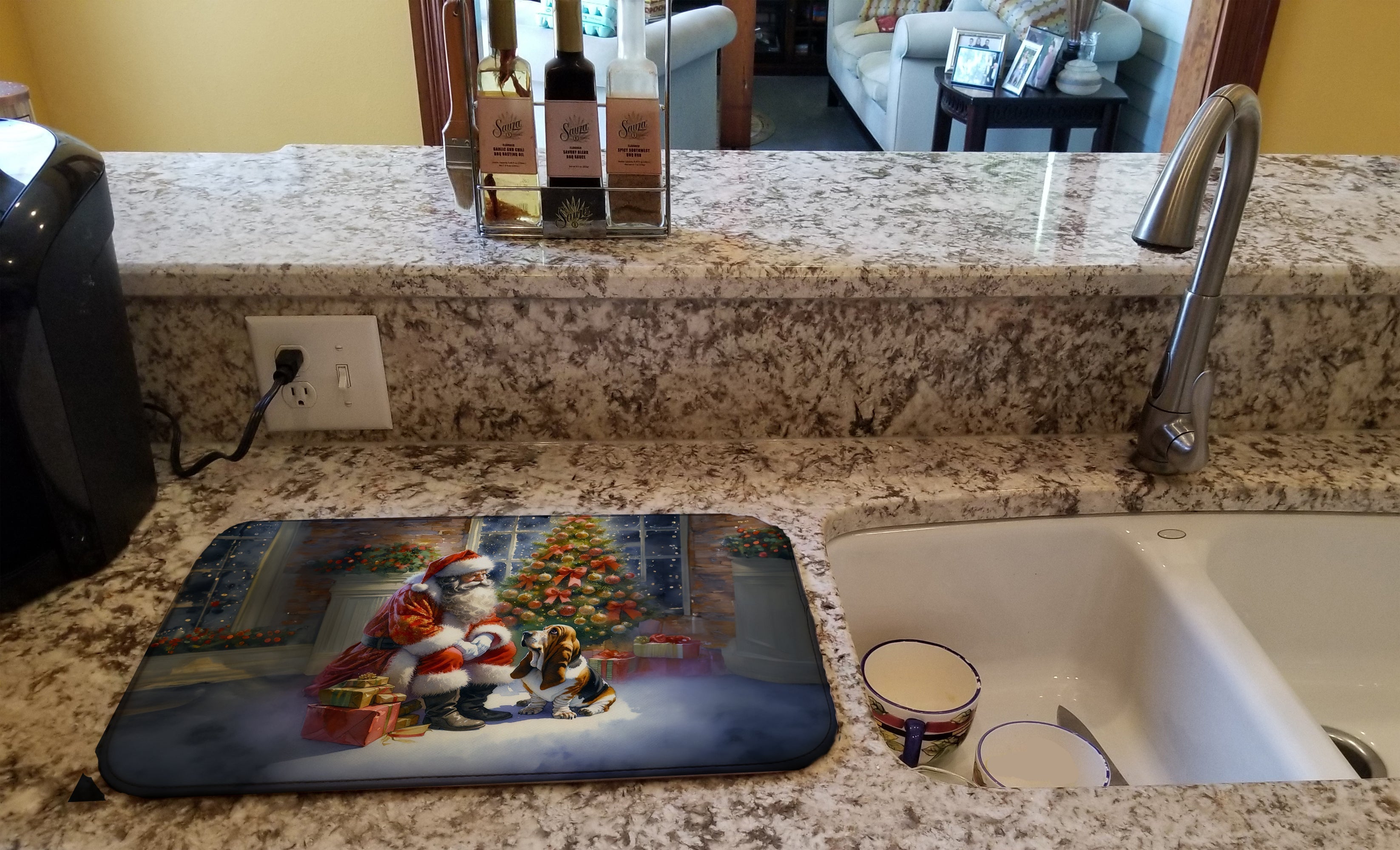 Basset Hound and Santa Claus Dish Drying Mat Absorbent Dish Drying Mat Pad for Kitchen Counter Dish Drainer Mat for Countertop, 14 x 21", Multicolor