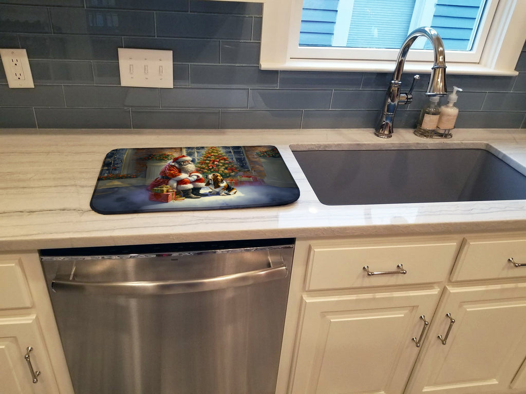 Basset Hound and Santa Claus Dish Drying Mat Absorbent Dish Drying Mat Pad for Kitchen Counter Dish Drainer Mat for Countertop, 14 x 21", Multicolor