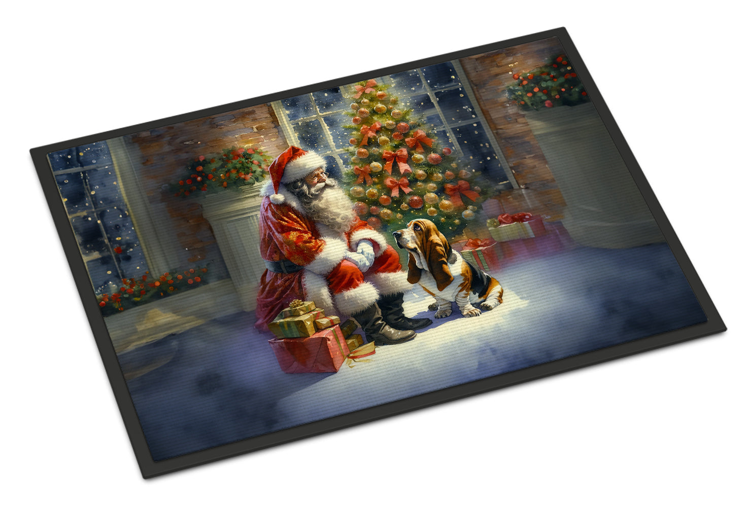 Basset Hound and Santa Claus Doormat Indoor Outdoor 24H X 36W Front Door Mat Rugs for Entryway, Non Slip Washable Low Pile,