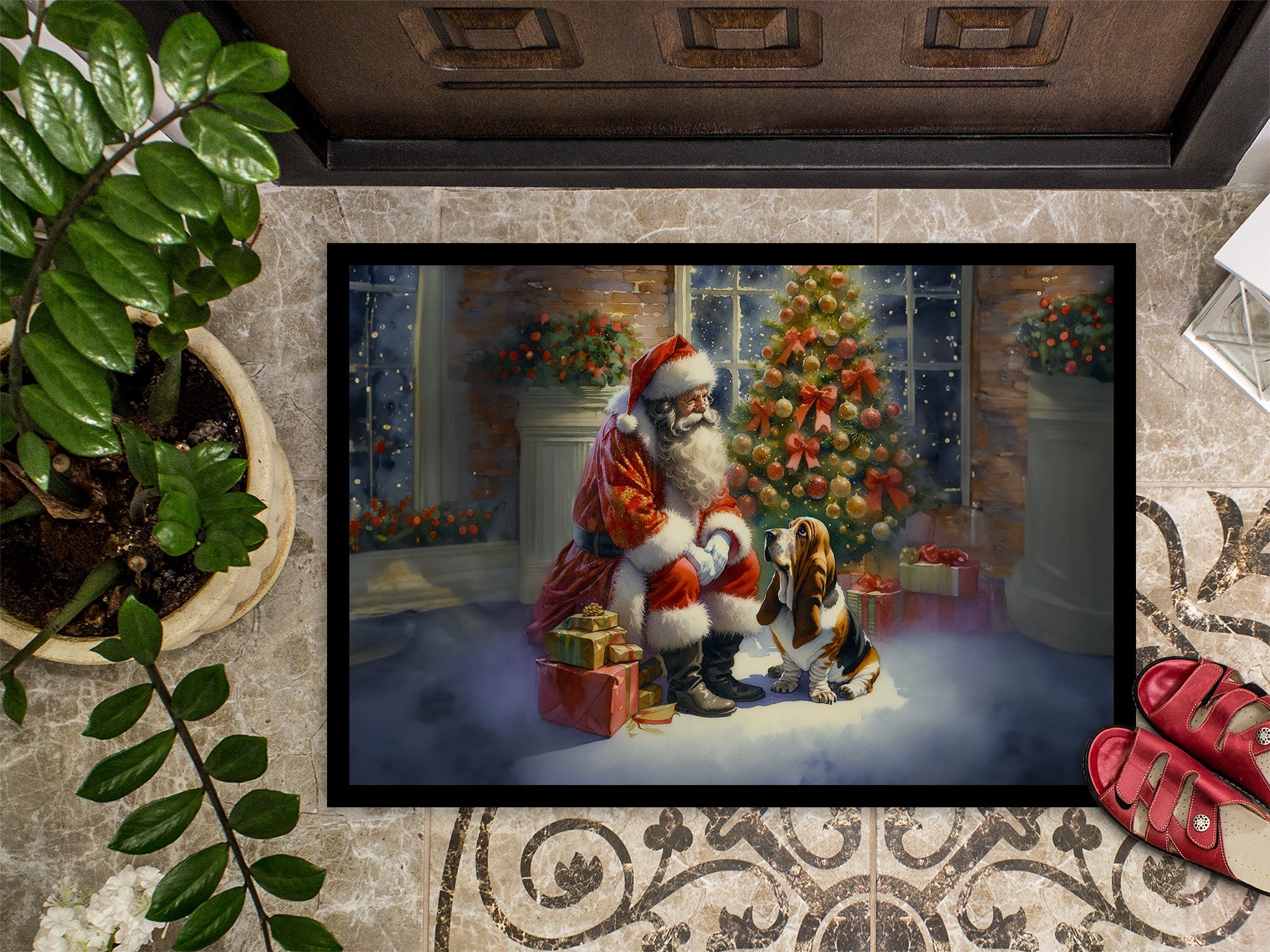 Basset Hound and Santa Claus Doormat Indoor Outdoor 24H X 36W Front Door Mat Rugs for Entryway, Non Slip Washable Low Pile,