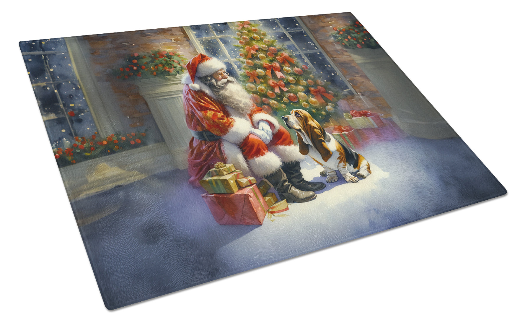 Basset Hound and Santa Claus Cutting Board Tempered Glass Kitchen Cutting Surface, Heat Resistant Chopping, Non-Slip Feet, Food Prep & Serving