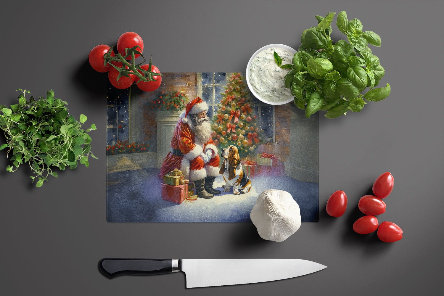 Basset Hound and Santa Claus Cutting Board Tempered Glass Kitchen Cutting Surface, Heat Resistant Chopping, Non-Slip Feet, Food Prep & Serving