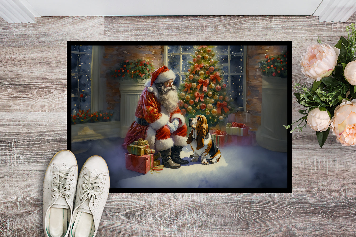 Basset Hound and Santa Claus Doormat Indoor Outdoor 18H X 27W Front Door Mat Rugs for Entryway, Non Slip Washable