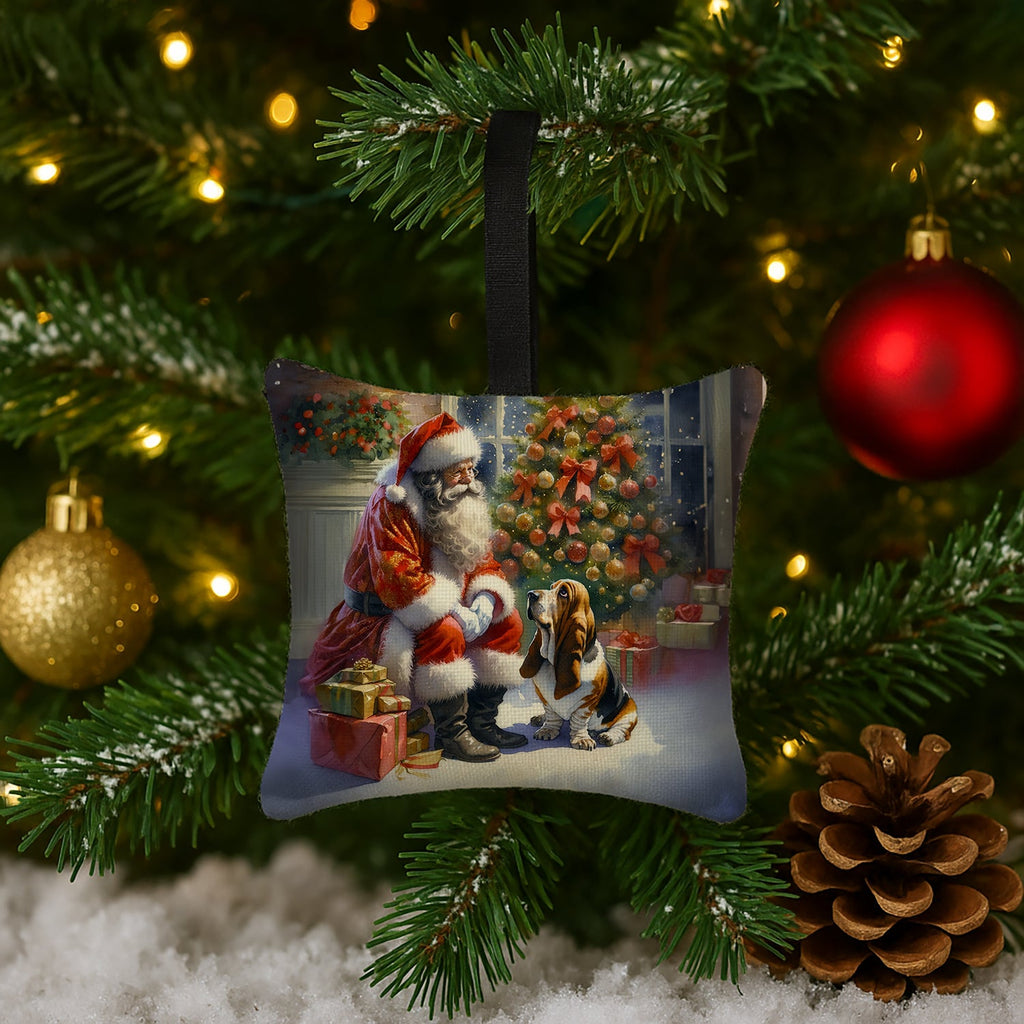 Basset Hound and Santa Claus Hanging Square Fabric Ornament 3.5 × 3.5 Decorative Door-Knob & Tree Hanger, Soft Fabric