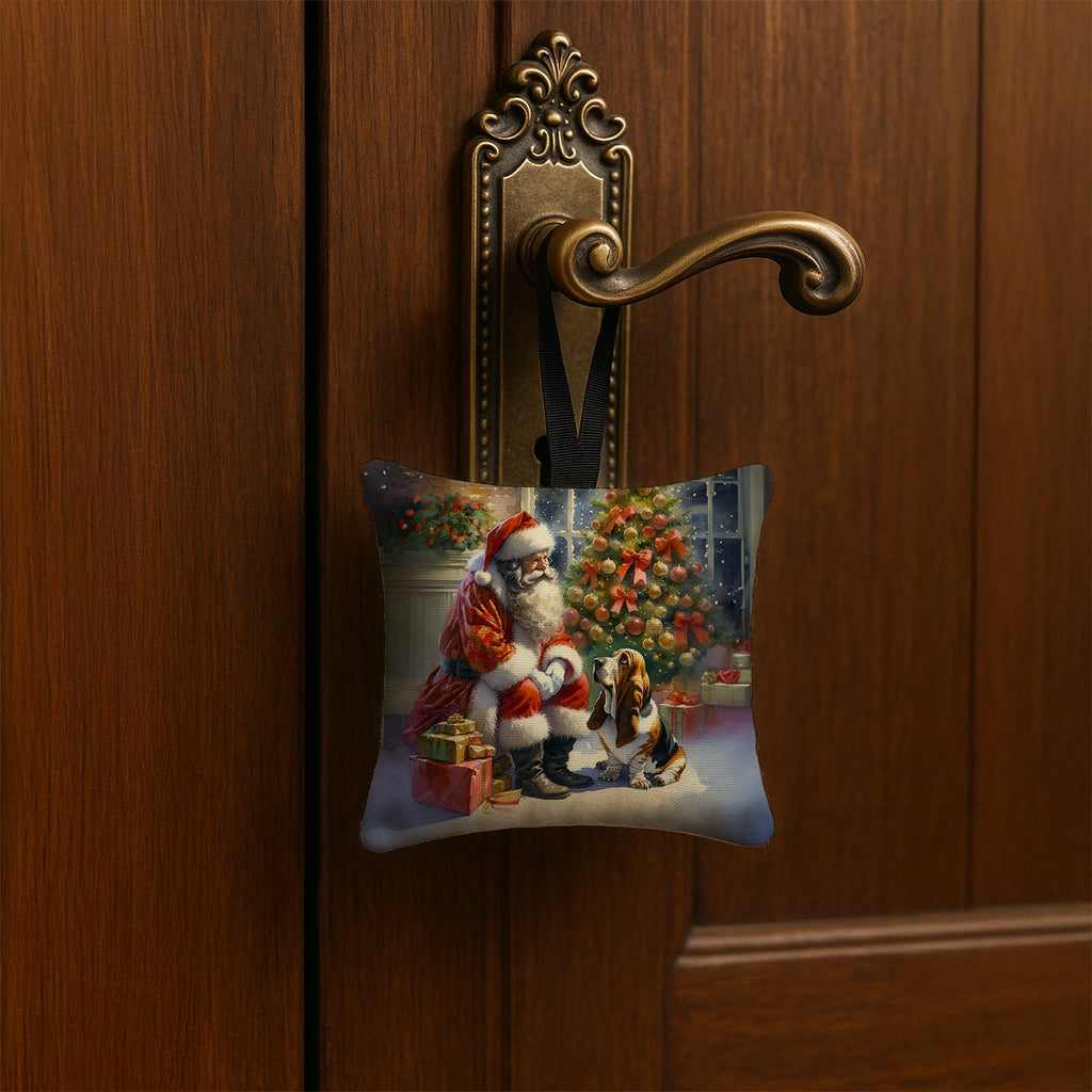Basset Hound and Santa Claus Hanging Square Fabric Ornament 3.5 × 3.5 Decorative Door-Knob & Tree Hanger, Soft Fabric