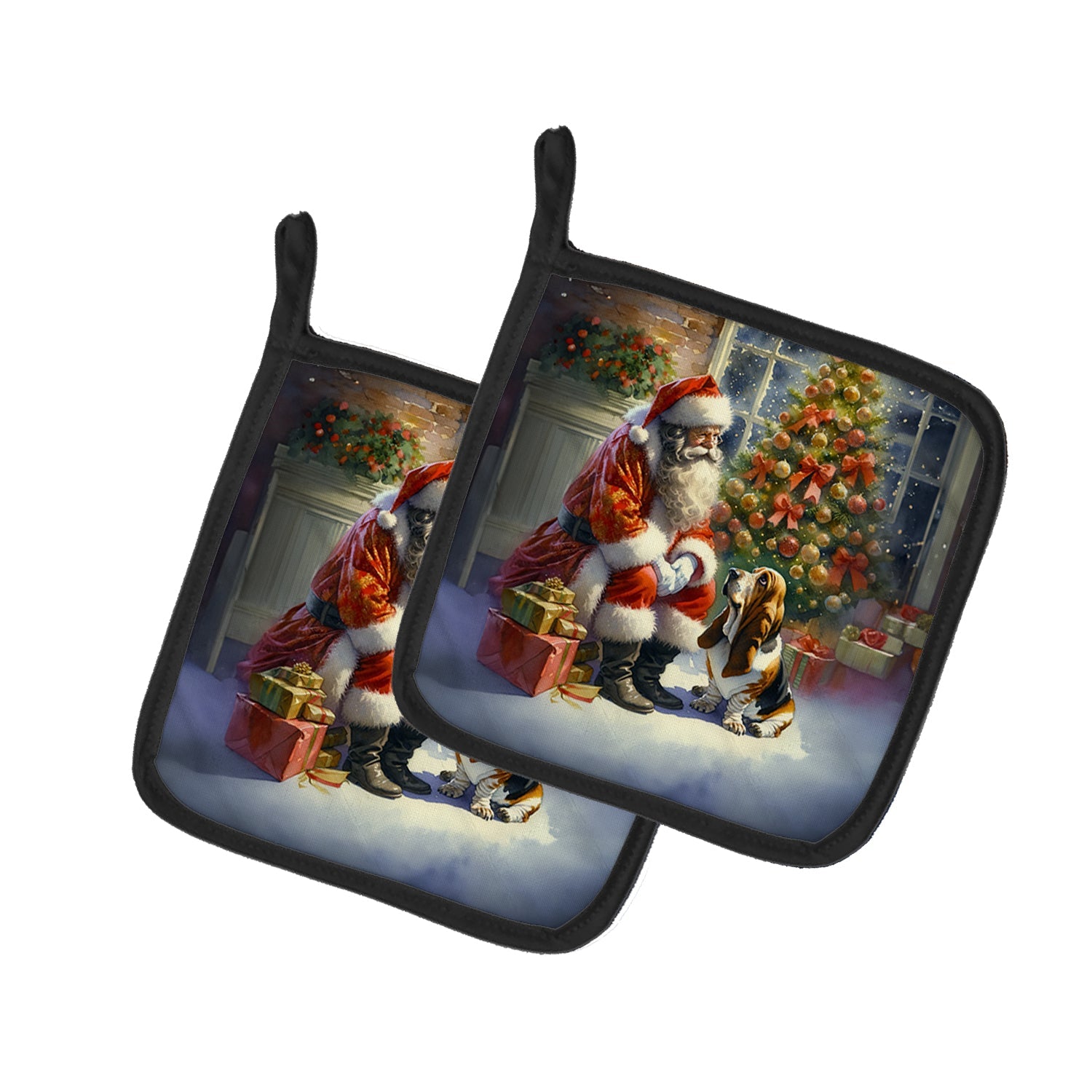 Basset Hound and Santa Claus Pot Holder Set of 2 Heat Resistant Quilted Hot Pads 7.5 x 7.5 Inch, Insulated Kitchen Trivets for Cooking & Baking