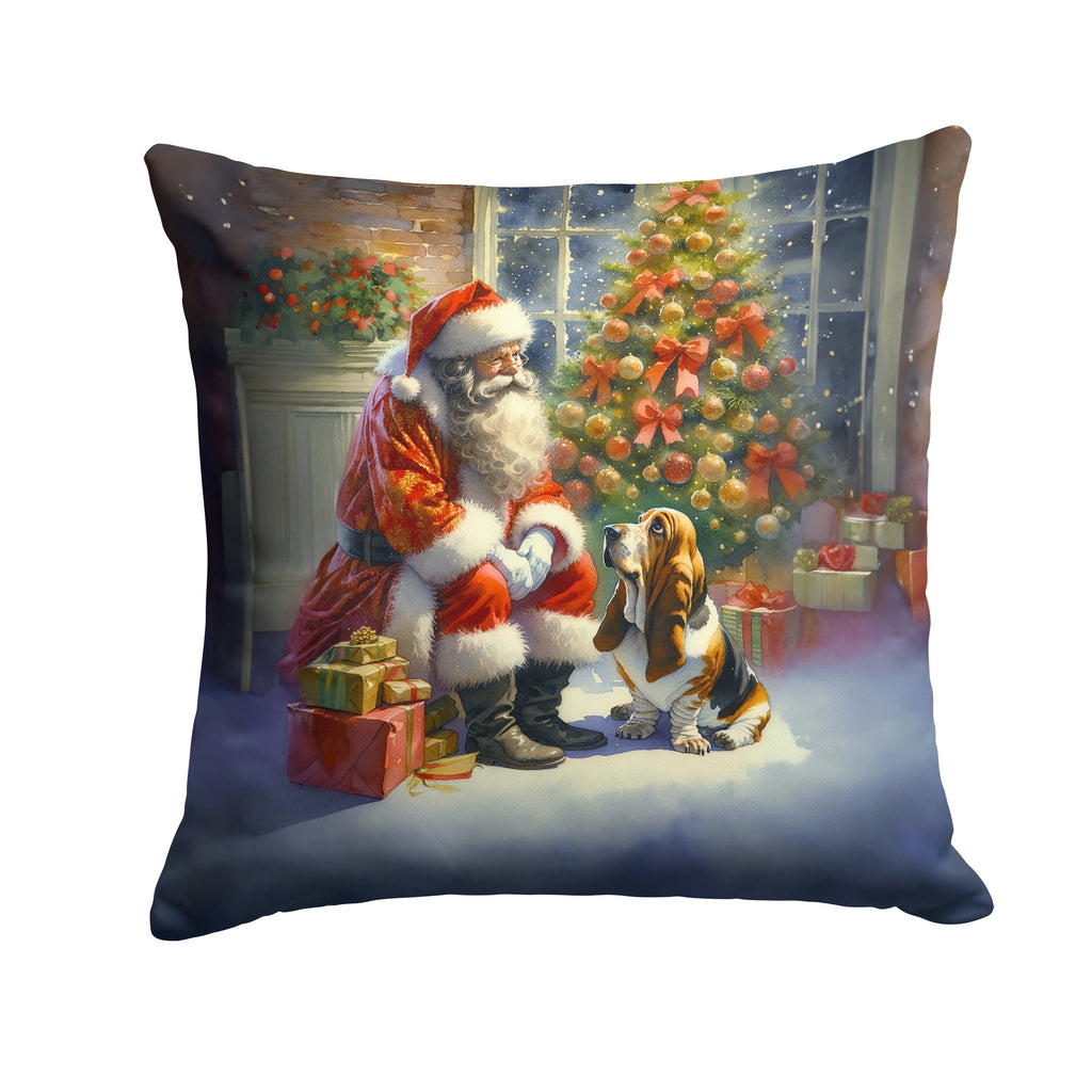 Basset Hound and Santa Claus Decorative Throw Pillow 14x14 Indoor Outdoor Accent Cushion, Fabric Cover with Insert for Sofa, Bed, Porch & Living Room