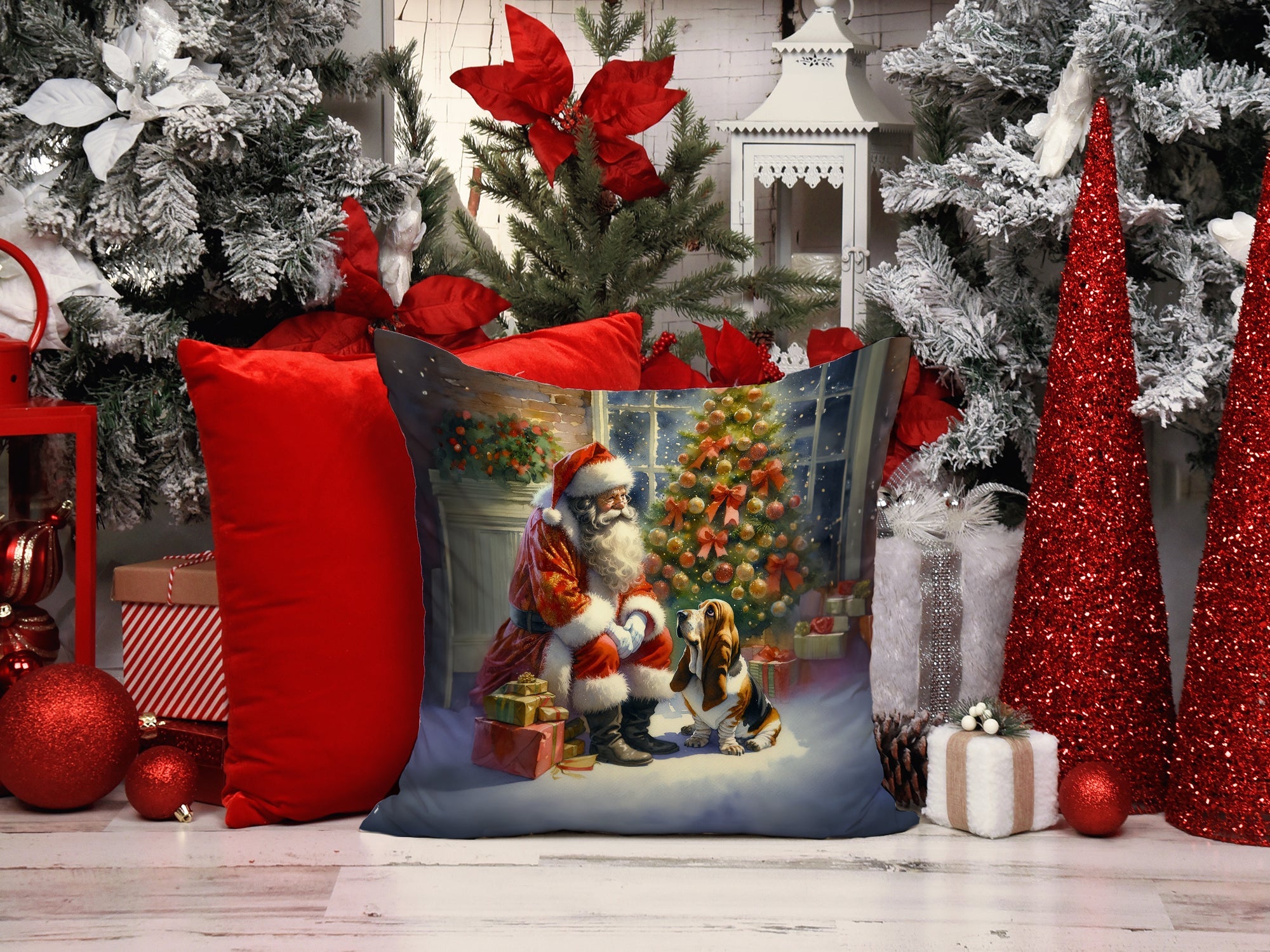 Basset Hound and Santa Claus Decorative Throw Pillow 14x14 Indoor Outdoor Accent Cushion, Fabric Cover with Insert for Sofa, Bed, Porch & Living Room