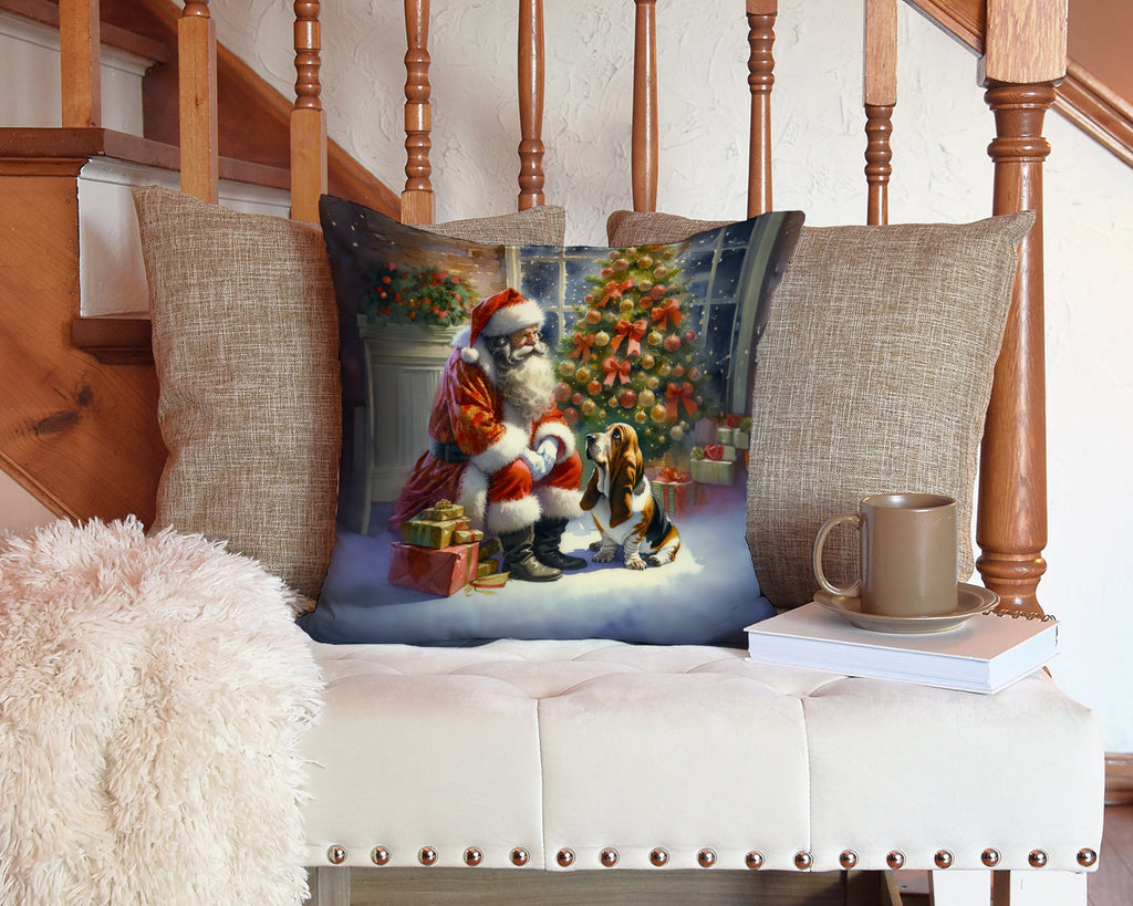 Basset Hound and Santa Claus Decorative Throw Pillow 14x14 Indoor Outdoor Accent Cushion, Fabric Cover with Insert for Sofa, Bed, Porch & Living Room