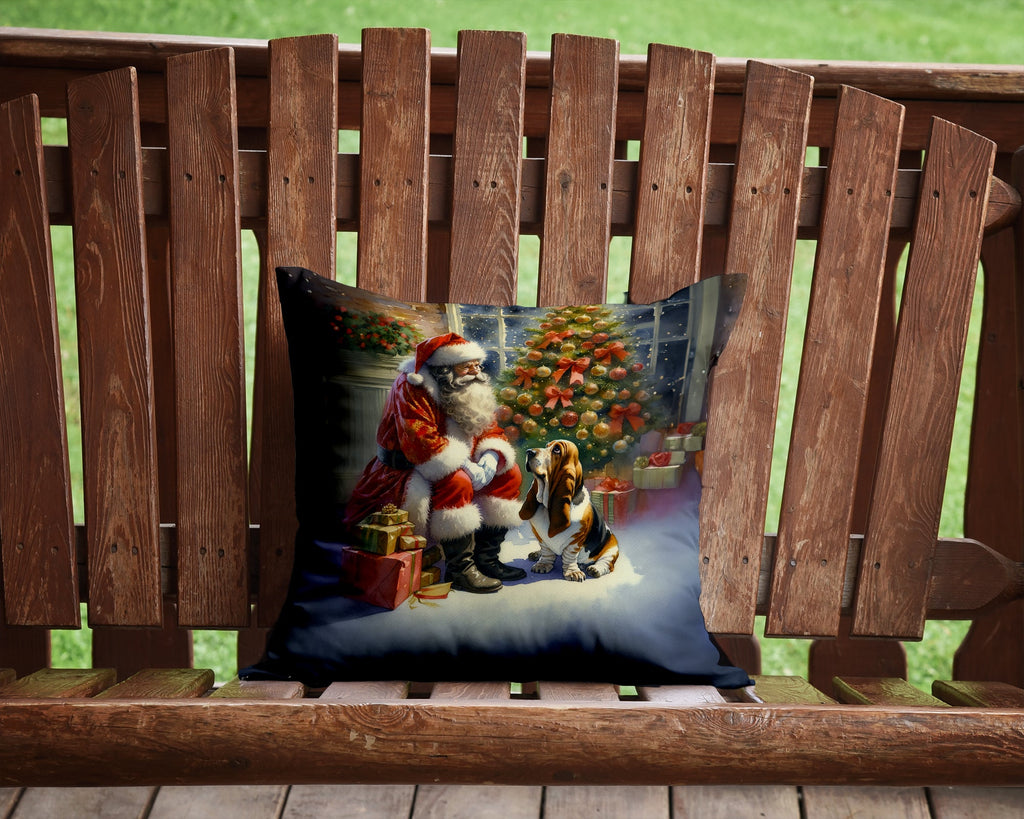 Basset Hound and Santa Claus Decorative Throw Pillow 14x14 Indoor Outdoor Accent Cushion, Fabric Cover with Insert for Sofa, Bed, Porch & Living Room