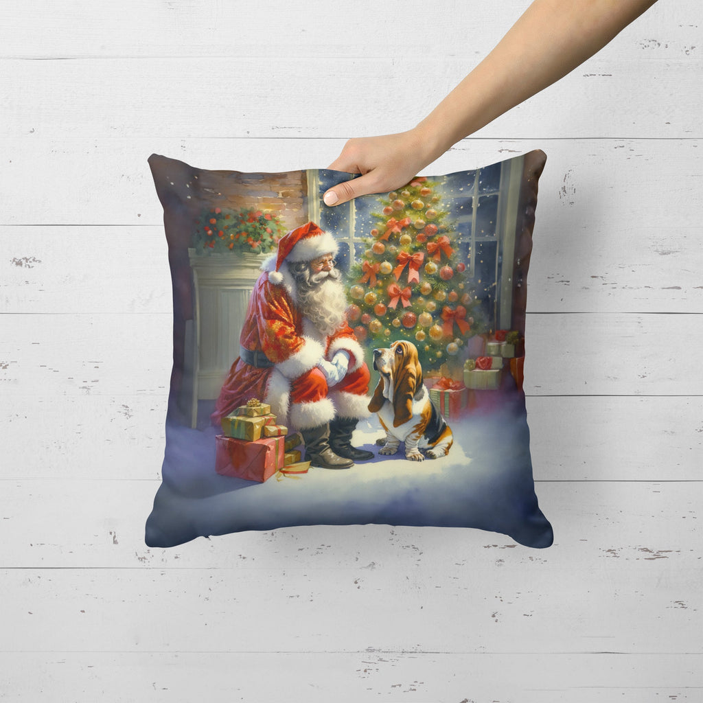 Basset Hound and Santa Claus Decorative Throw Pillow 18x18 Indoor Outdoor Accent Cushion, Fabric Cover with Insert for Sofa, Bed, Porch & Living Room