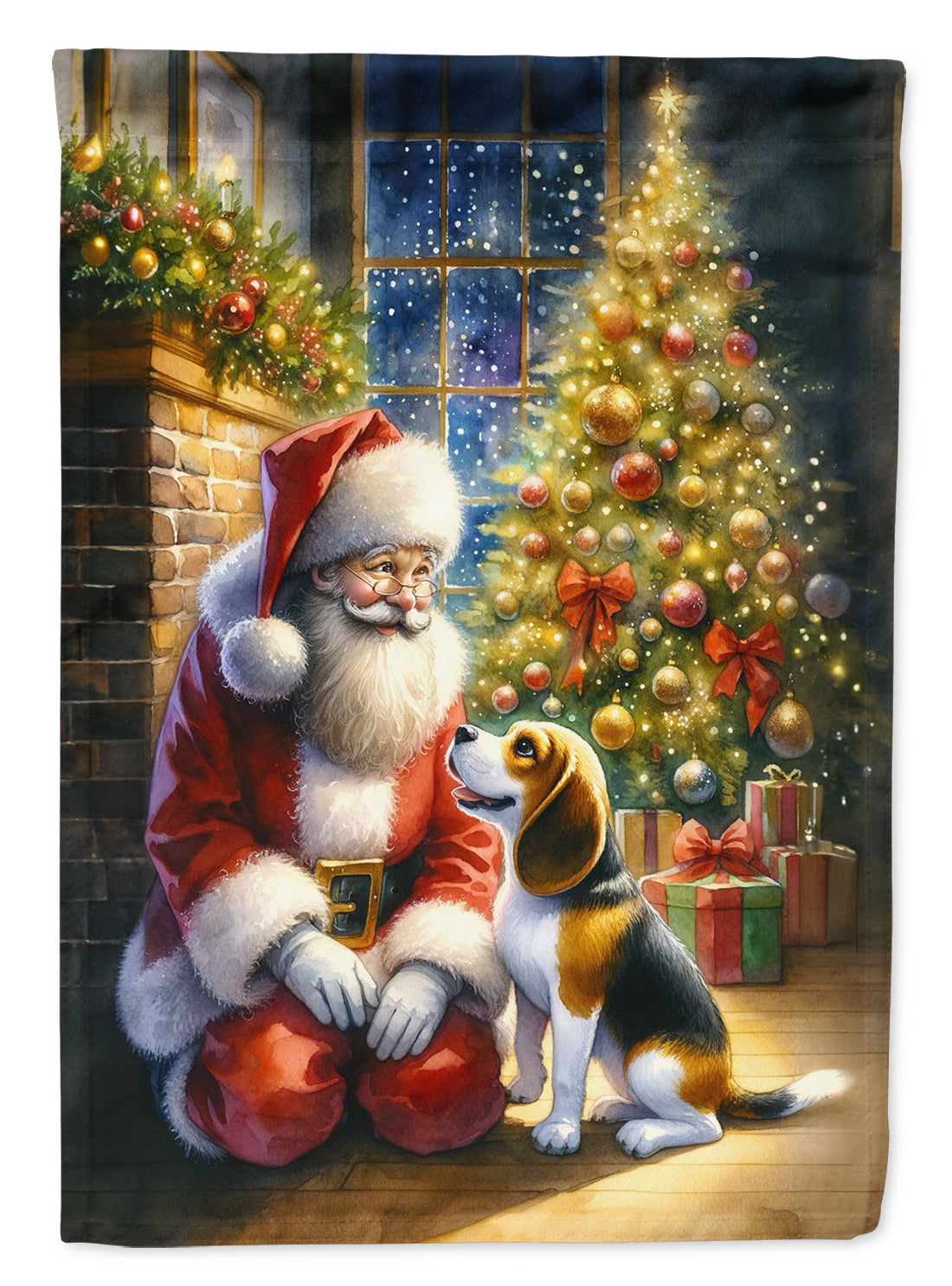 Beagle and Santa Claus House Flag 28x40 Porch Sleeve Pole Decorative Outside Yard Banner Artwork Wall Hanging, Polyester