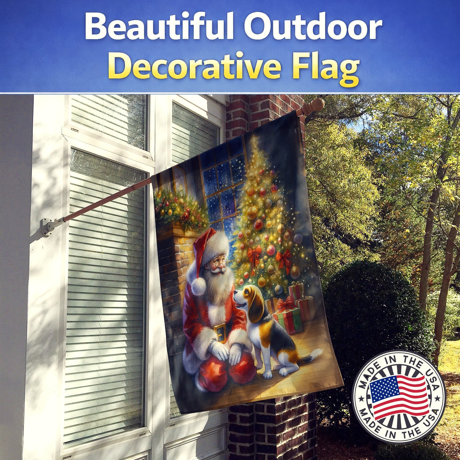 Beagle and Santa Claus House Flag 28x40 Porch Sleeve Pole Decorative Outside Yard Banner Artwork Wall Hanging, Polyester