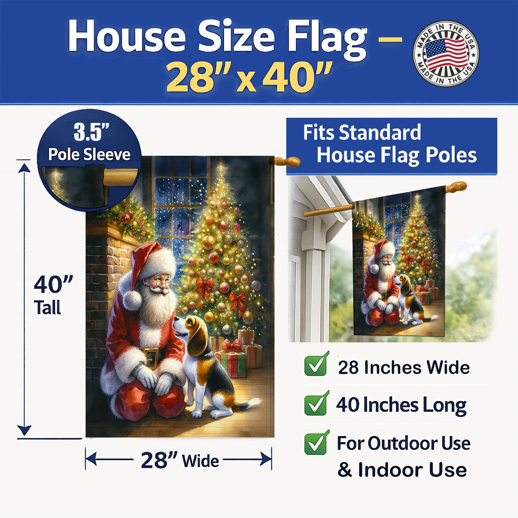 Beagle and Santa Claus House Flag 28x40 Porch Sleeve Pole Decorative Outside Yard Banner Artwork Wall Hanging, Polyester