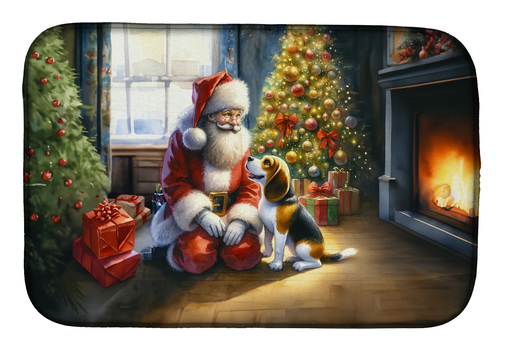 Beagle and Santa Claus Dish Drying Mat Absorbent Dish Drying Mat Pad for Kitchen Counter Dish Drainer Mat for Countertop, 14 x 21", Multicolor