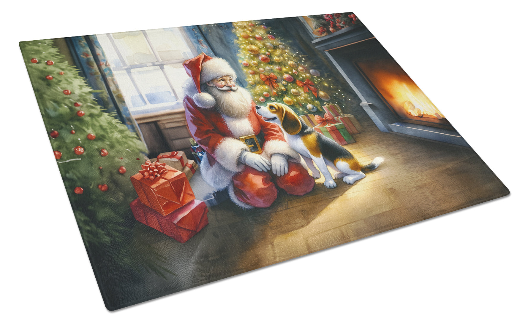 Beagle and Santa Claus Cutting Board Tempered Glass Kitchen Cutting Surface, Heat Resistant Chopping, Non-Slip Feet, Food Prep & Serving