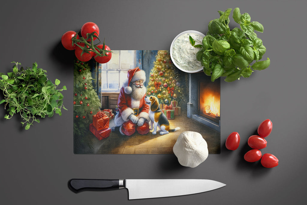 Beagle and Santa Claus Cutting Board Tempered Glass Kitchen Cutting Surface, Heat Resistant Chopping, Non-Slip Feet, Food Prep & Serving