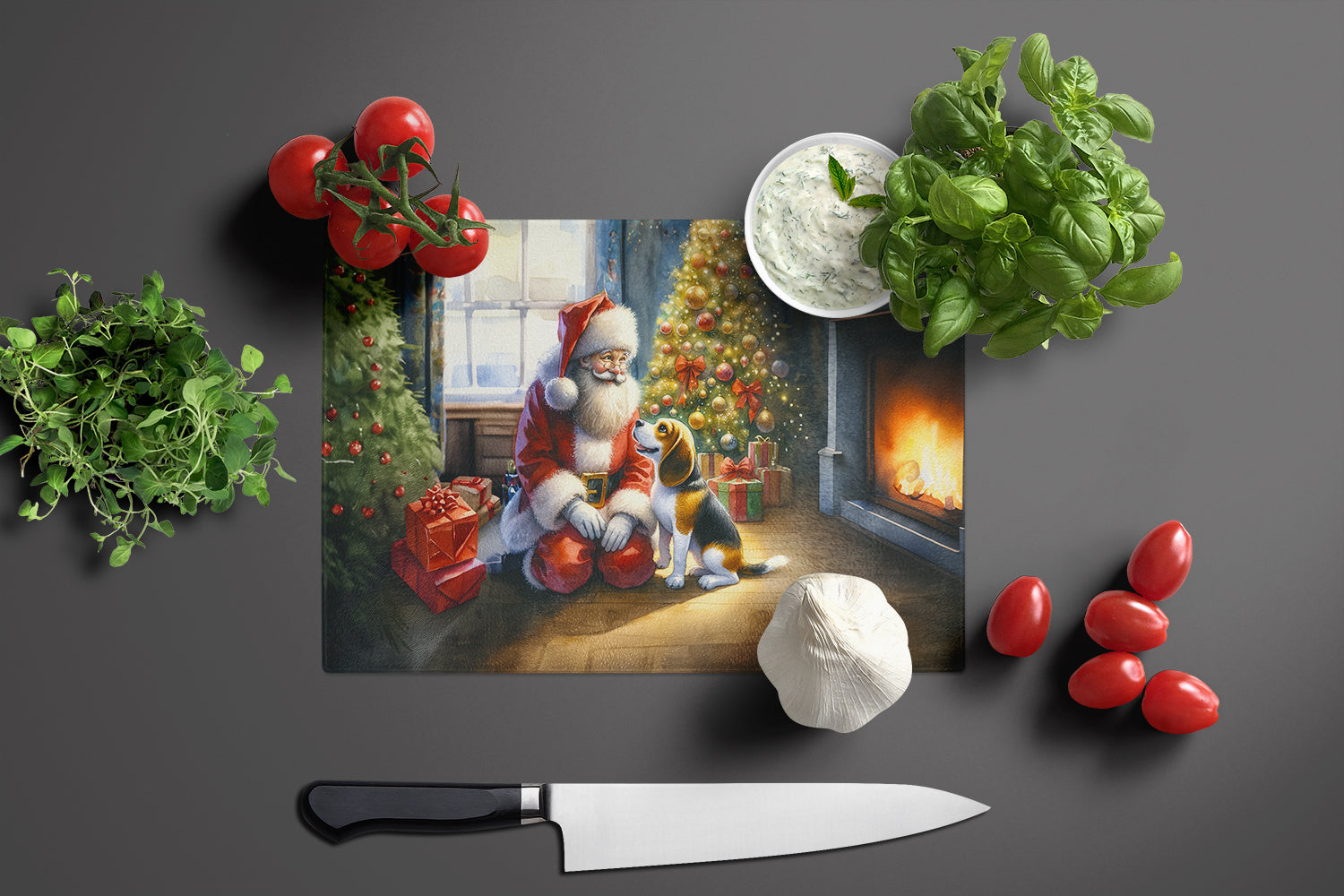 Beagle and Santa Claus Cutting Board Tempered Glass Kitchen Cutting Surface, Heat Resistant Chopping, Non-Slip Feet, Food Prep & Serving