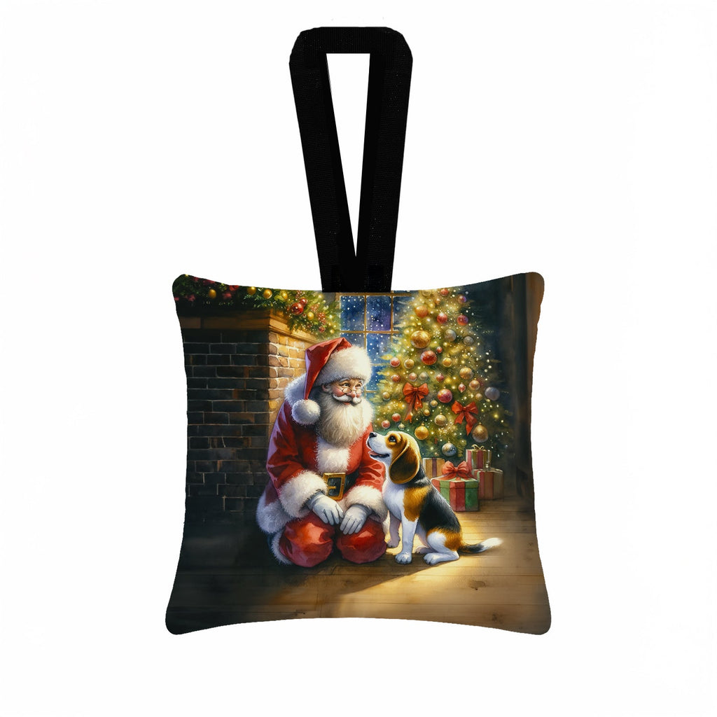 Beagle and Santa Claus Hanging Square Fabric Ornament 3.5 × 3.5 Decorative Door-Knob & Tree Hanger, Soft Fabric