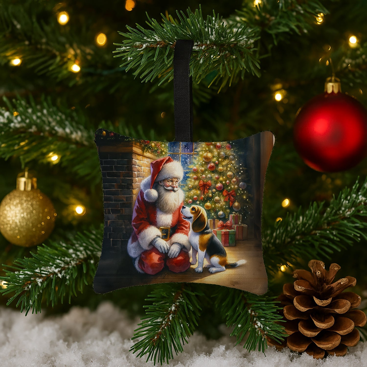 Beagle and Santa Claus Hanging Square Fabric Ornament 3.5 × 3.5 Decorative Door-Knob & Tree Hanger, Soft Fabric