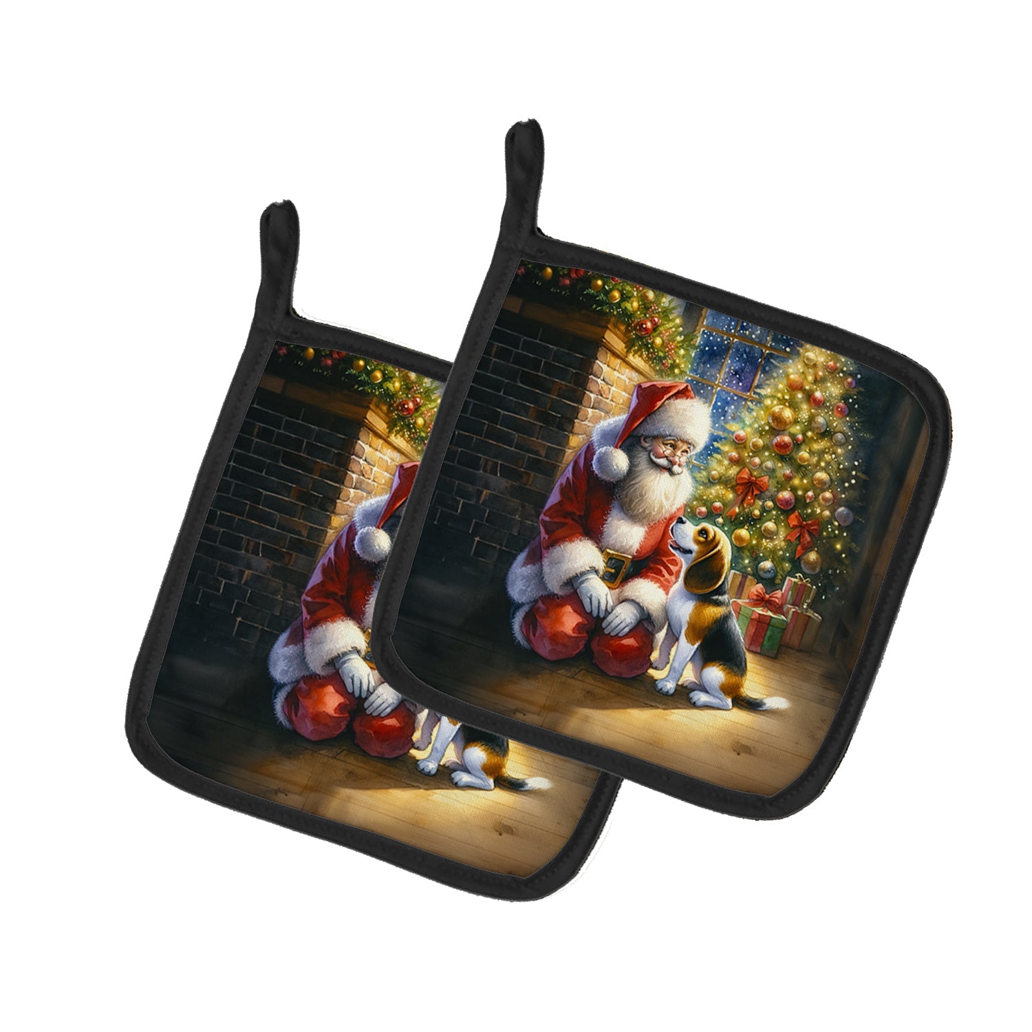 Beagle and Santa Claus Pot Holder Set of 2 Heat Resistant Quilted Hot Pads 7.5 x 7.5 Inch, Insulated Kitchen Trivets for Cooking & Baking