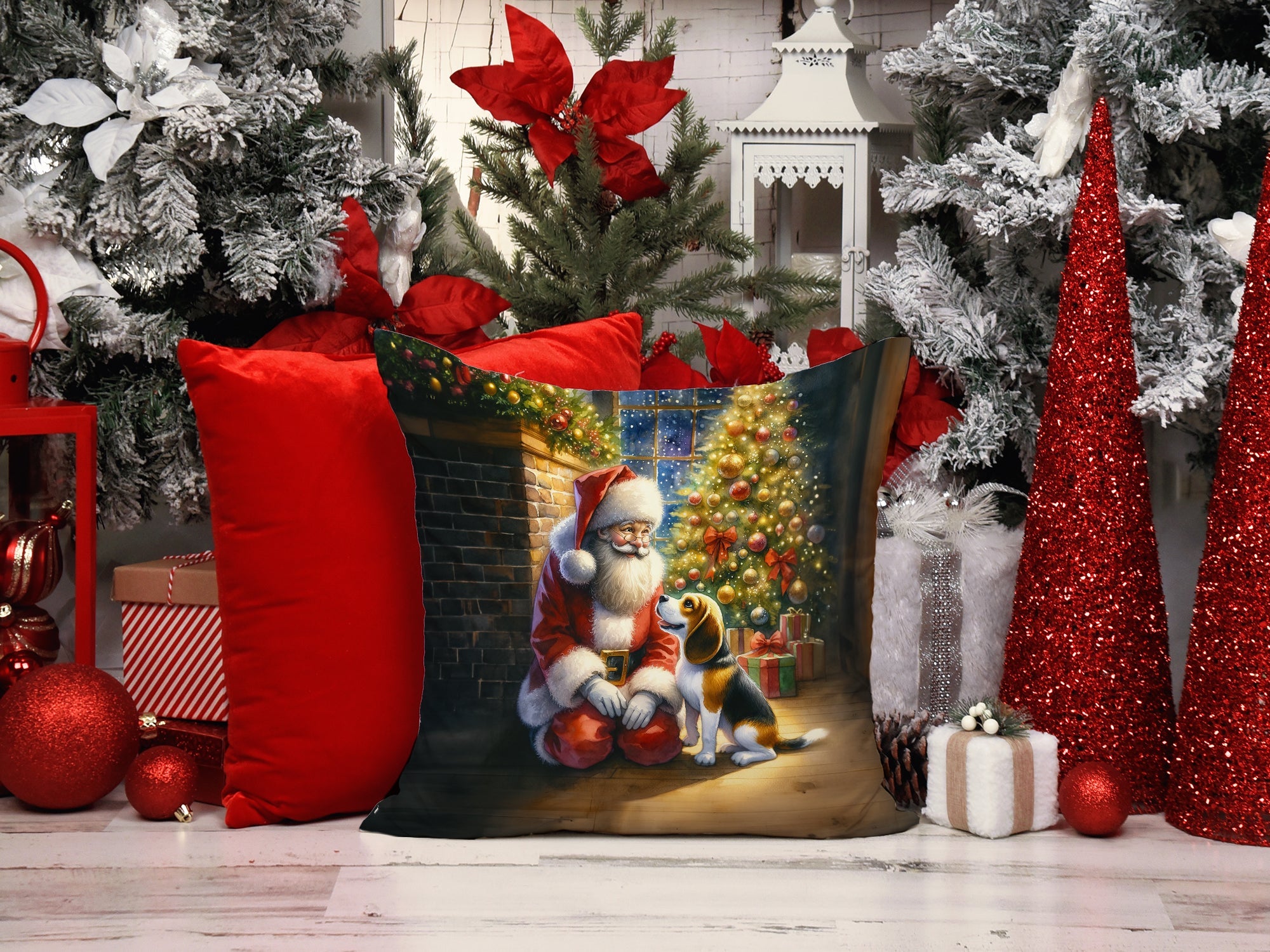 Beagle and Santa Claus Decorative Throw Pillow 14x14 Indoor Outdoor Accent Cushion, Fabric Cover with Insert for Sofa, Bed, Porch & Living Room