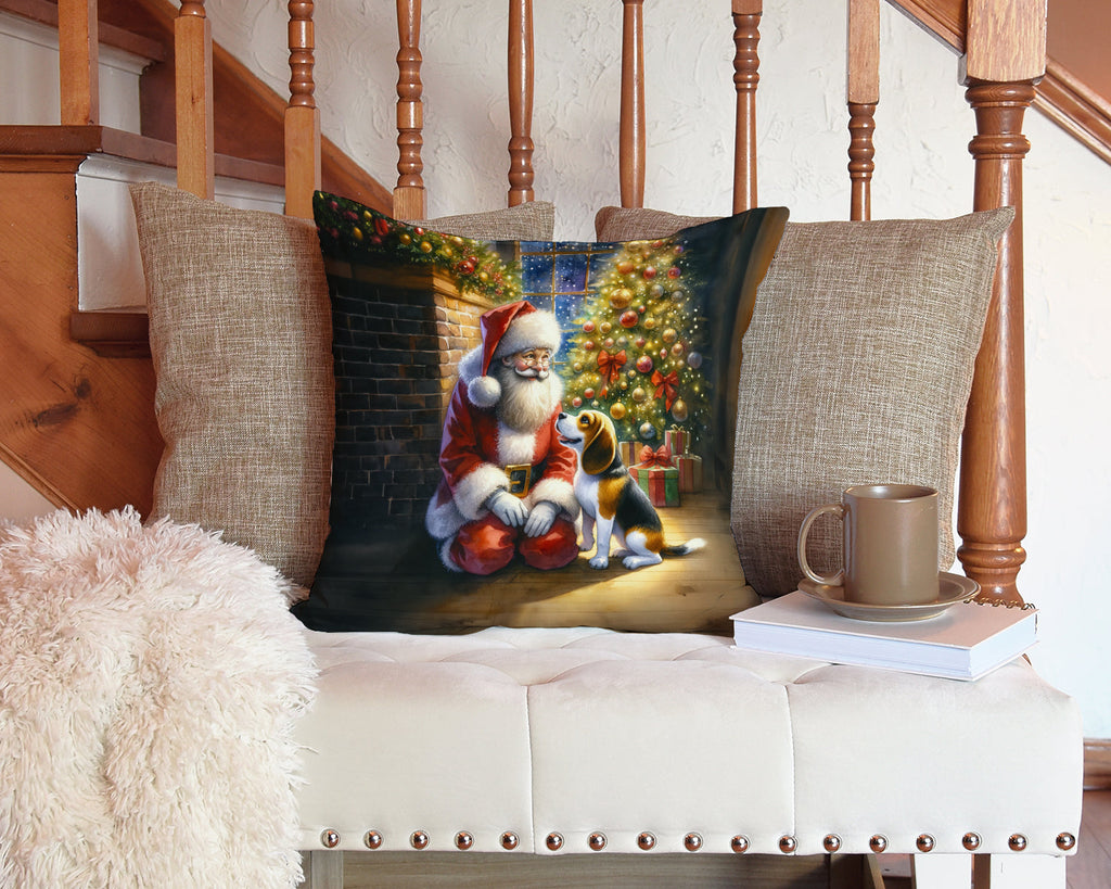 Beagle and Santa Claus Decorative Throw Pillow 14x14 Indoor Outdoor Accent Cushion, Fabric Cover with Insert for Sofa, Bed, Porch & Living Room