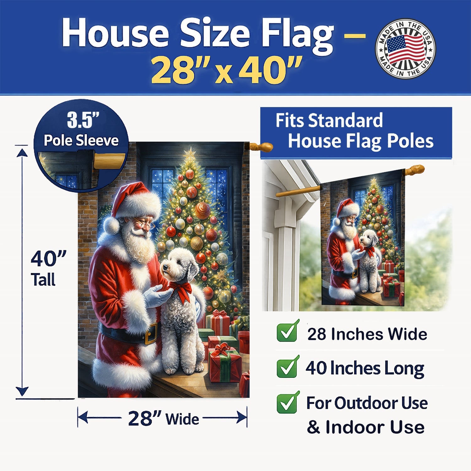 Bedlington Terrier and Santa Claus House Flag 28x40 Porch Sleeve Pole Decorative Outside Yard Banner Artwork Wall Hanging, Polyester