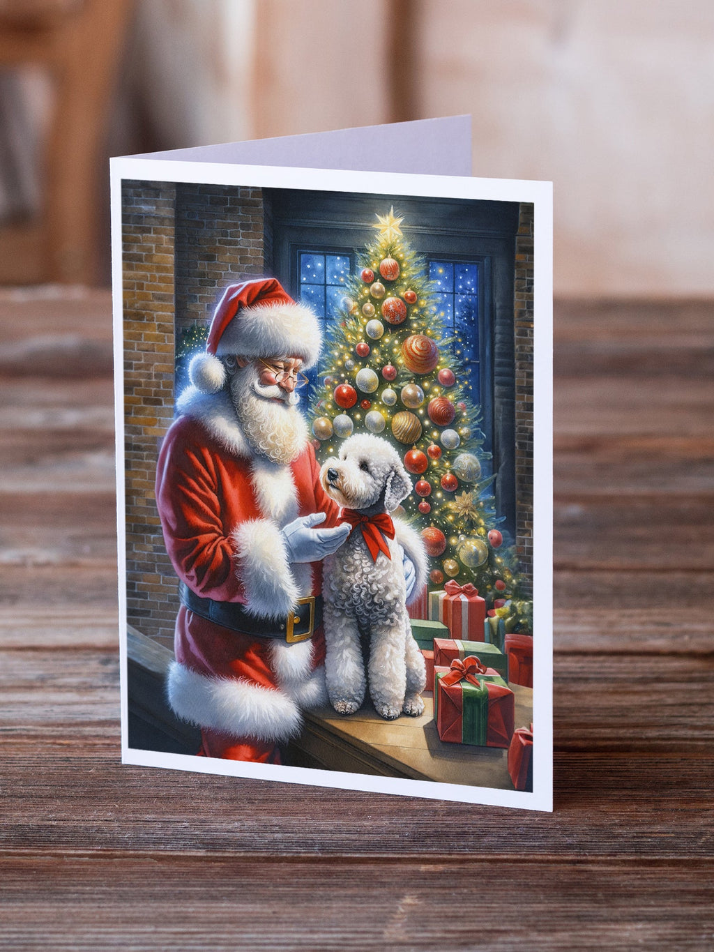 Bedlington Terrier and Santa Claus Greeting Cards Pack of 8 Blank Cards with Envelopes Whimsical A7 Size 5x7