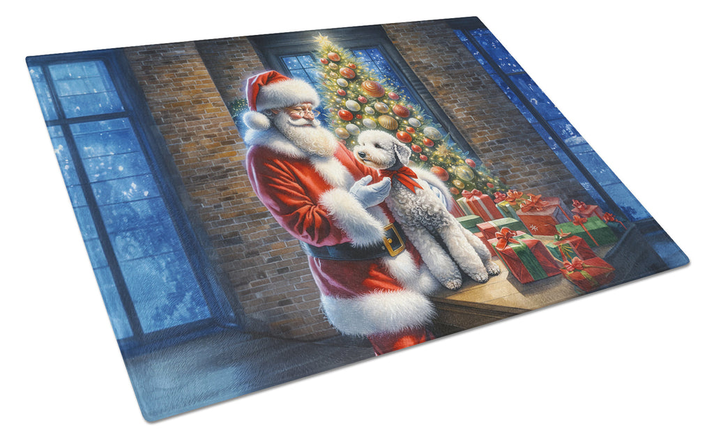 Bedlington Terrier and Santa Claus Cutting Board Tempered Glass Kitchen Cutting Surface, Heat Resistant Chopping, Non-Slip Feet, Food Prep & Serving