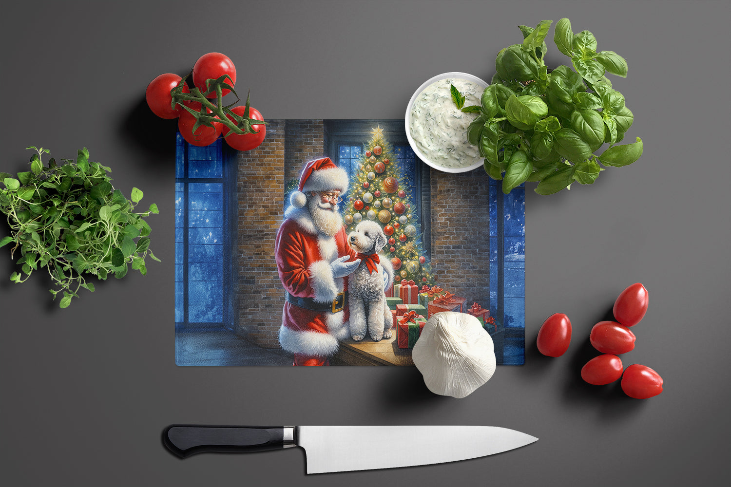 Bedlington Terrier and Santa Claus Cutting Board Tempered Glass Kitchen Cutting Surface, Heat Resistant Chopping, Non-Slip Feet, Food Prep & Serving