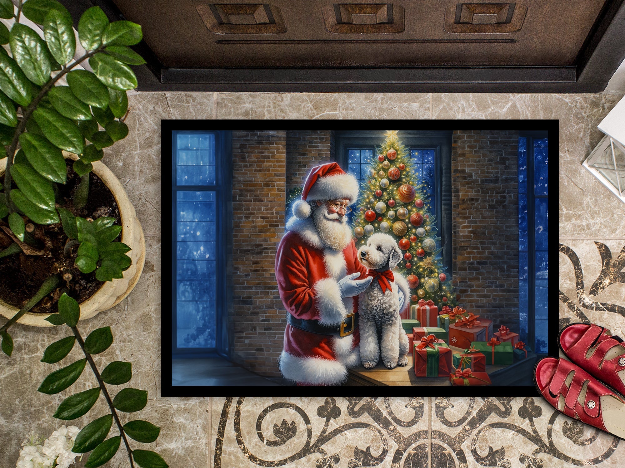 Bedlington Terrier and Santa Claus Doormat Indoor Outdoor 18H X 27W Front Door Mat Rugs for Entryway, Non Slip Washable