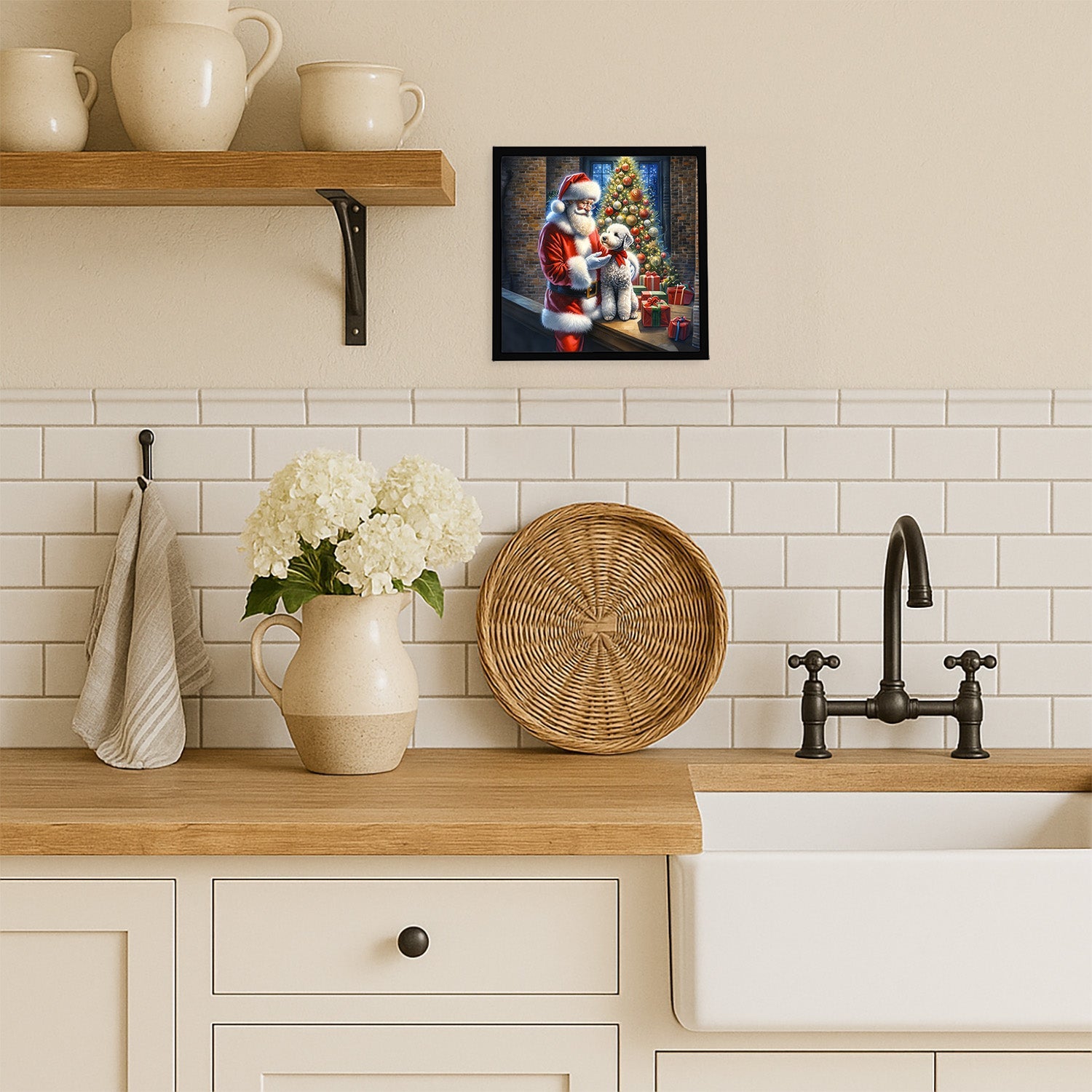 Bedlington Terrier and Santa Claus Framed Metal Print Bathroom, Kitchen, Office, Home Decor Wall Art Ready to Hang, Square, 8X8
