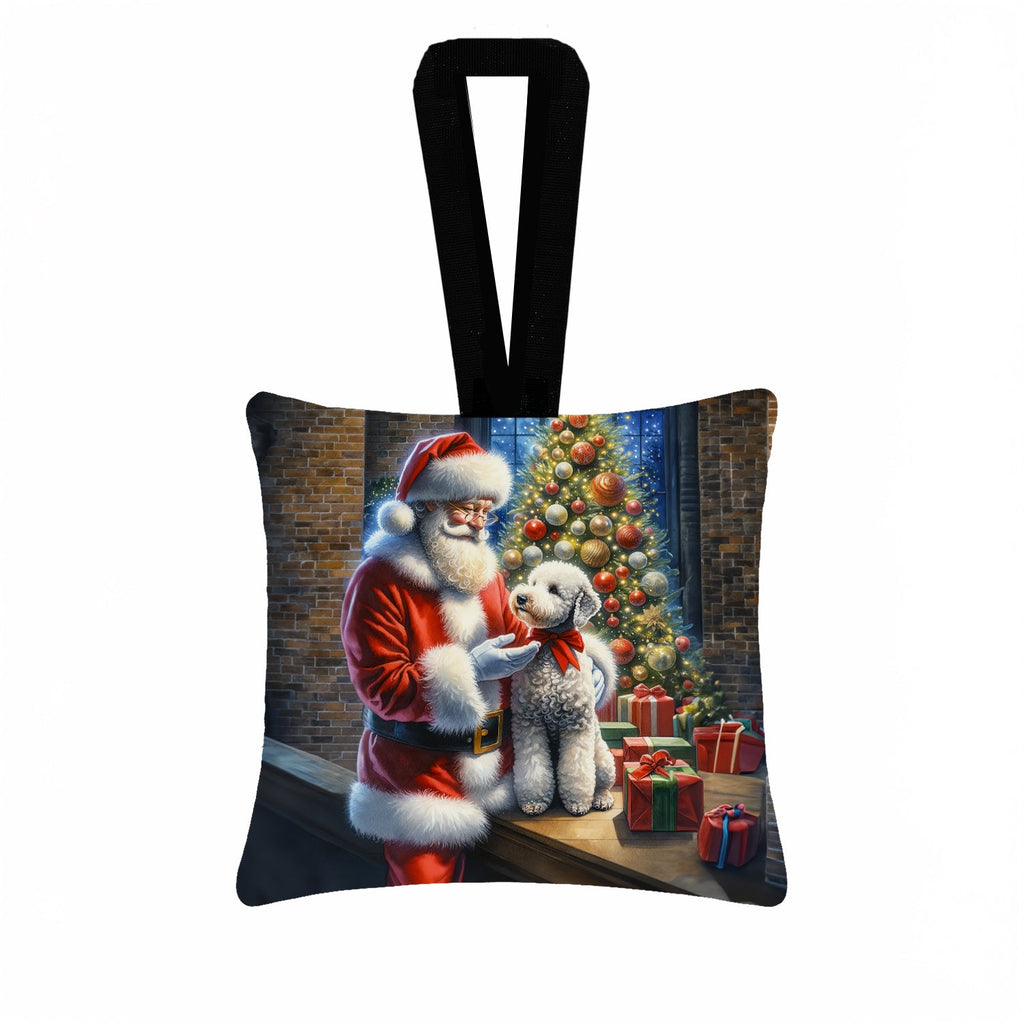 Bedlington Terrier and Santa Claus Hanging Square Fabric Ornament 3.5 × 3.5 Decorative Door-Knob & Tree Hanger, Soft Fabric