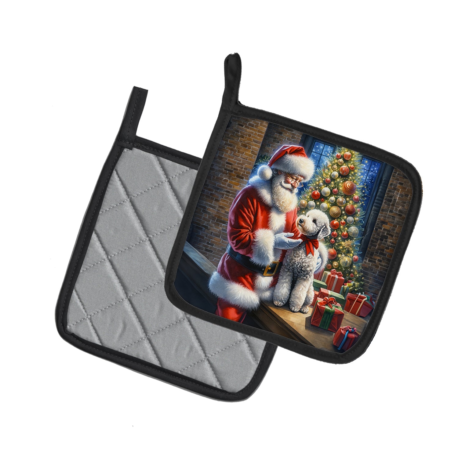 Bedlington Terrier and Santa Claus Pot Holder Set of 2 Heat Resistant Quilted Hot Pads 7.5 x 7.5 Inch, Insulated Kitchen Trivets for Cooking & Baking