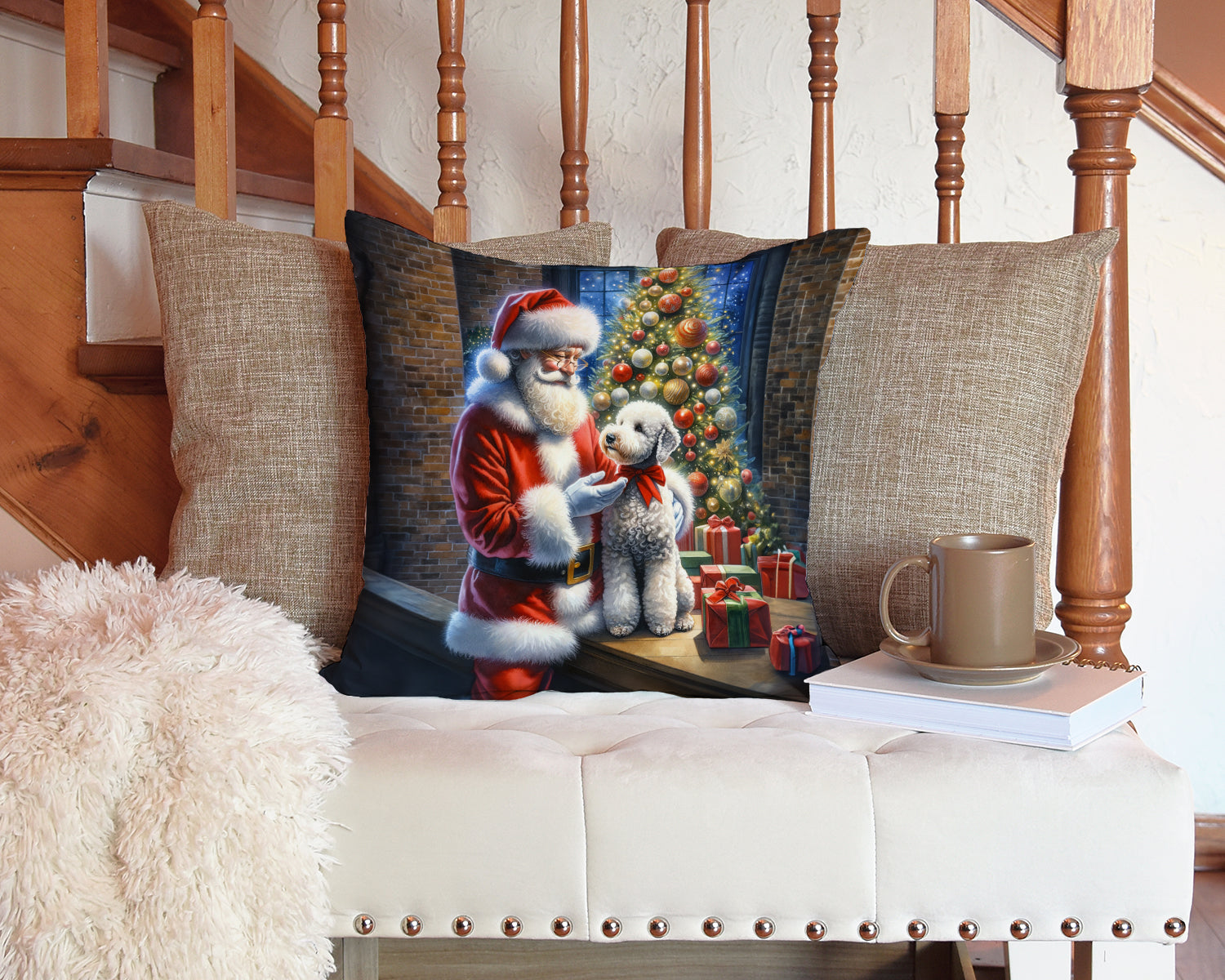 Bedlington Terrier and Santa Claus Decorative Throw Pillow 14x14 Indoor Outdoor Accent Cushion, Fabric Cover with Insert for Sofa, Bed, Porch & Living Room