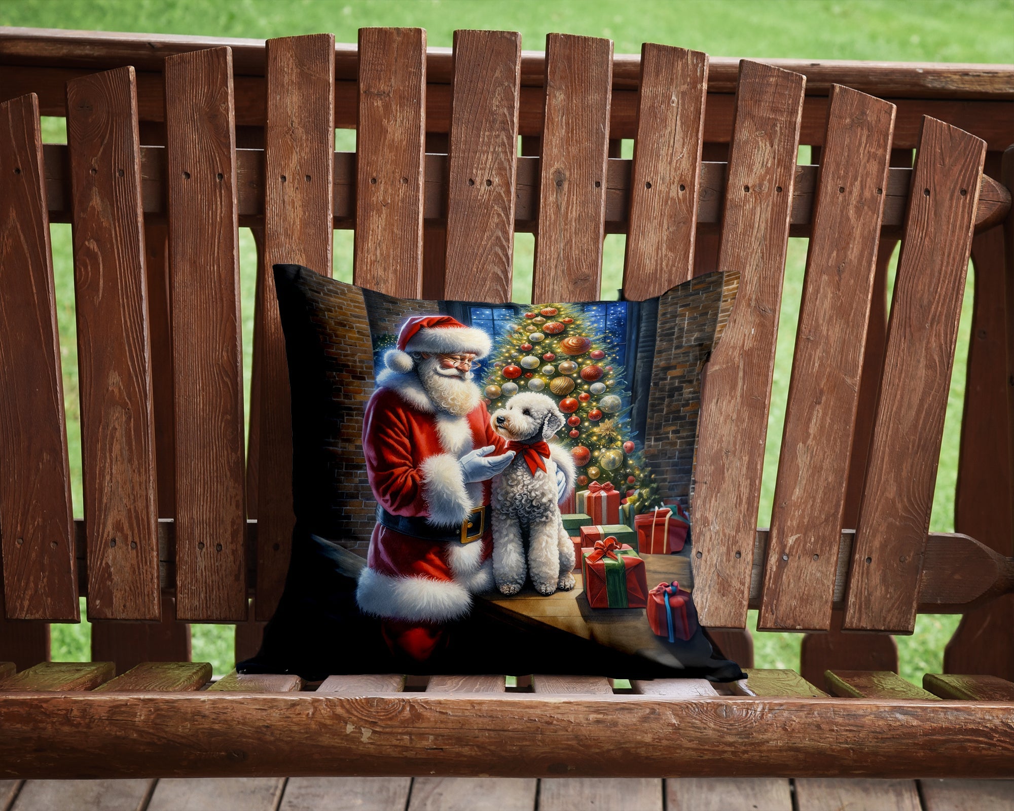 Bedlington Terrier and Santa Claus Decorative Throw Pillow 14x14 Indoor Outdoor Accent Cushion, Fabric Cover with Insert for Sofa, Bed, Porch & Living Room