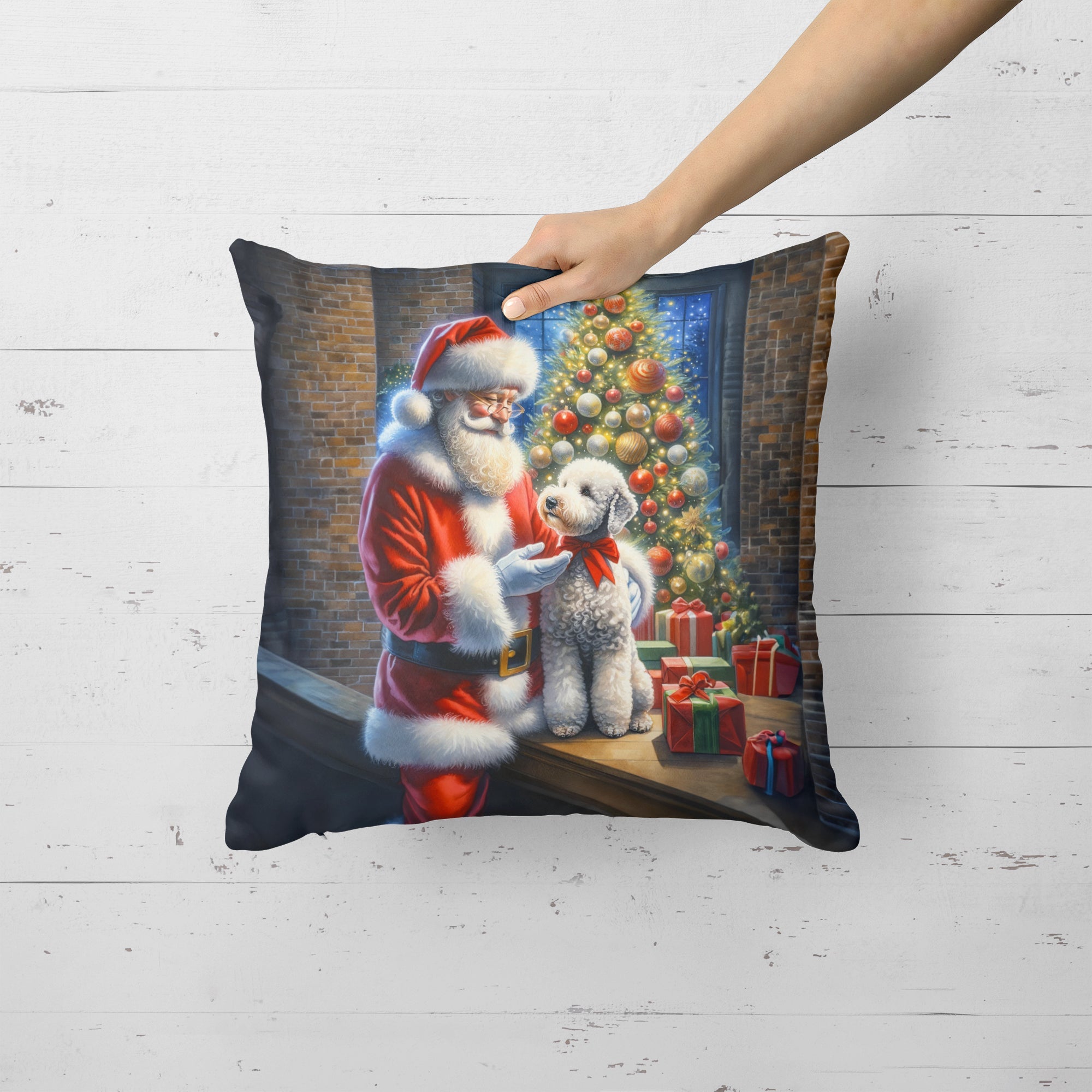 Bedlington Terrier and Santa Claus Decorative Throw Pillow 18x18 Indoor Outdoor Accent Cushion, Fabric Cover with Insert for Sofa, Bed, Porch & Living Room