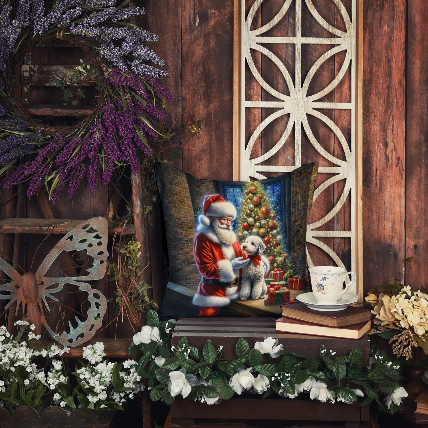 Bedlington Terrier and Santa Claus Decorative Throw Pillow 18x18 Indoor Outdoor Accent Cushion, Fabric Cover with Insert for Sofa, Bed, Porch & Living Room
