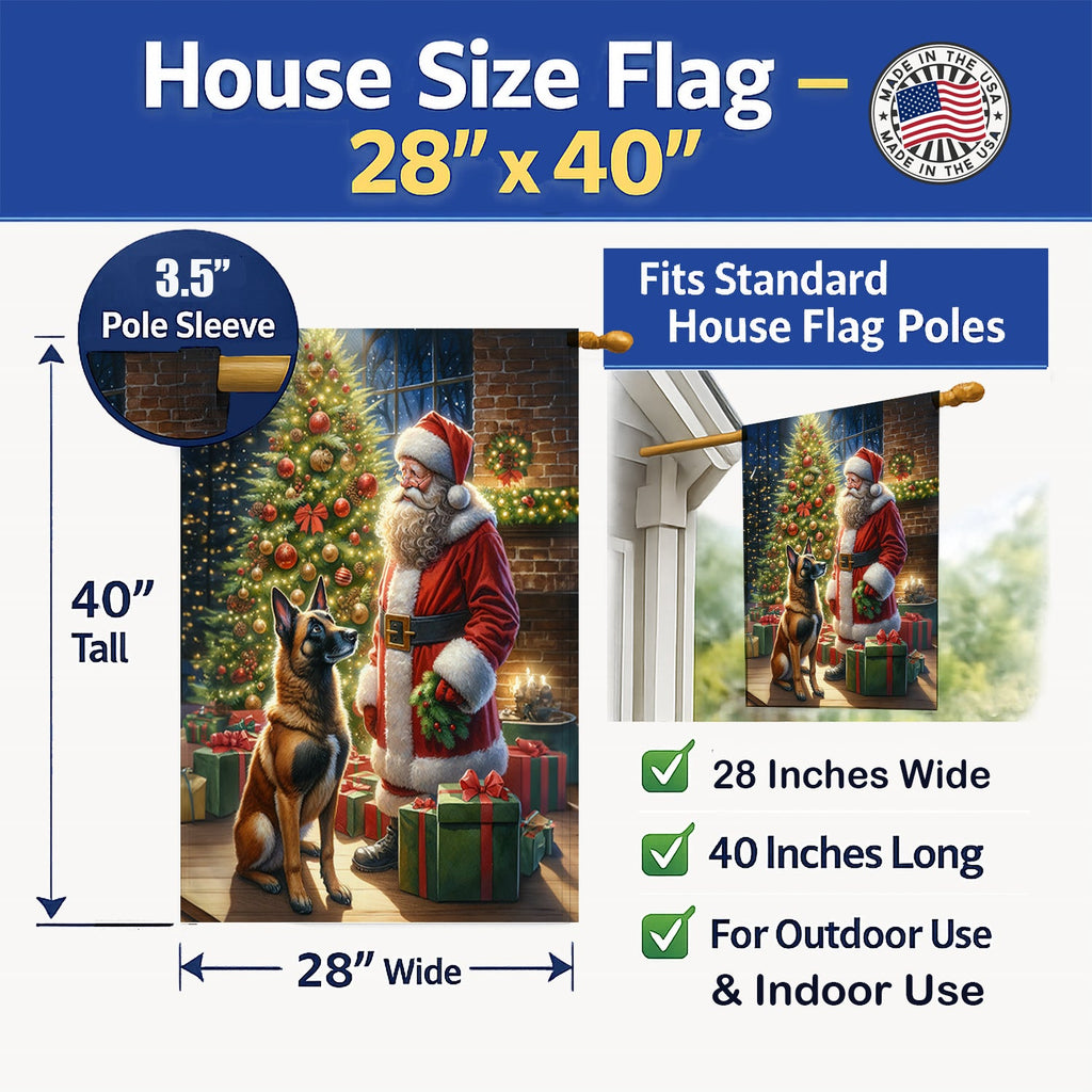Belgian Malinois and Santa Claus House Flag 28x40 Porch Sleeve Pole Decorative Outside Yard Banner Artwork Wall Hanging, Polyester