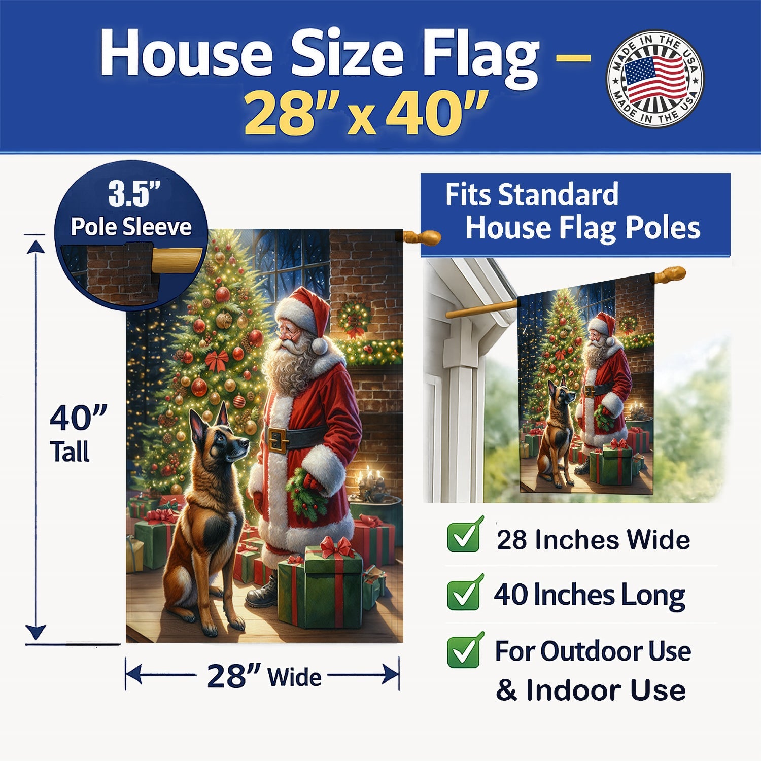 Belgian Malinois and Santa Claus House Flag 28x40 Porch Sleeve Pole Decorative Outside Yard Banner Artwork Wall Hanging, Polyester