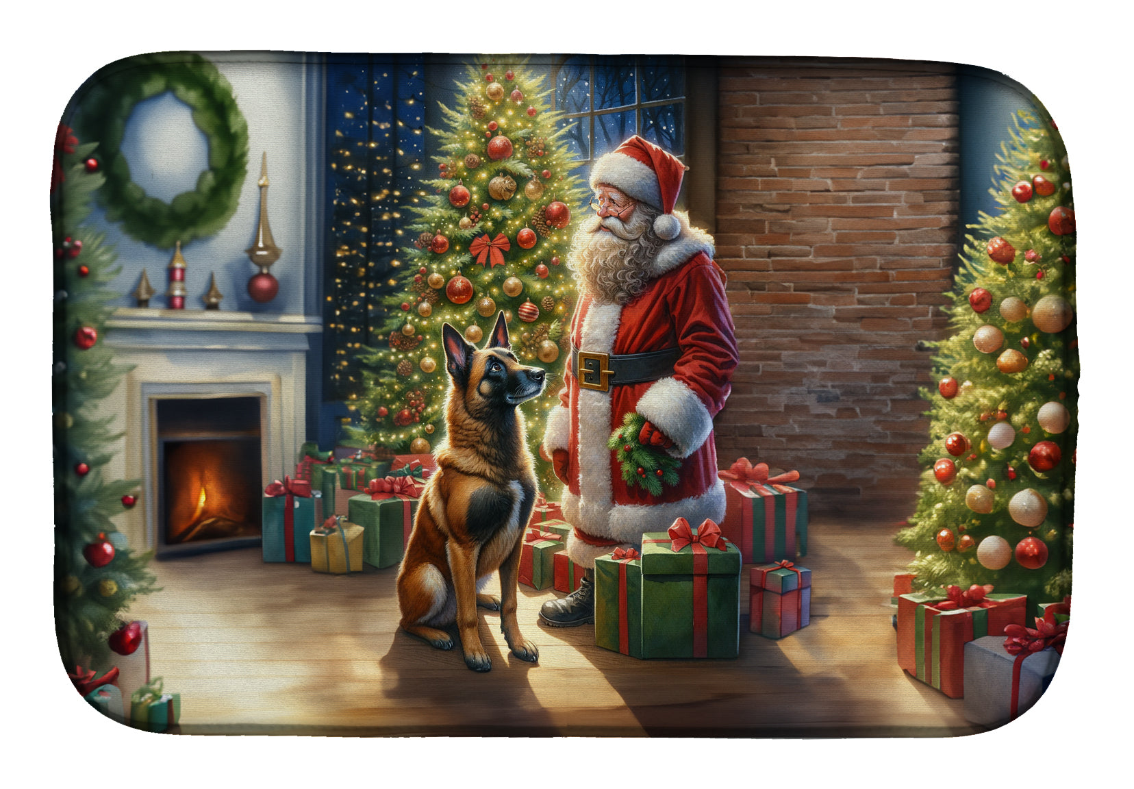 Belgian Malinois and Santa Claus Dish Drying Mat Absorbent Dish Drying Mat Pad for Kitchen Counter Dish Drainer Mat for Countertop, 14 x 21", Multicolor