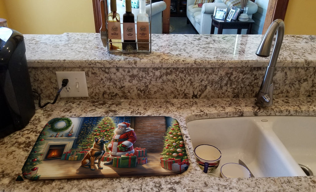 Belgian Malinois and Santa Claus Dish Drying Mat Absorbent Dish Drying Mat Pad for Kitchen Counter Dish Drainer Mat for Countertop, 14 x 21", Multicolor