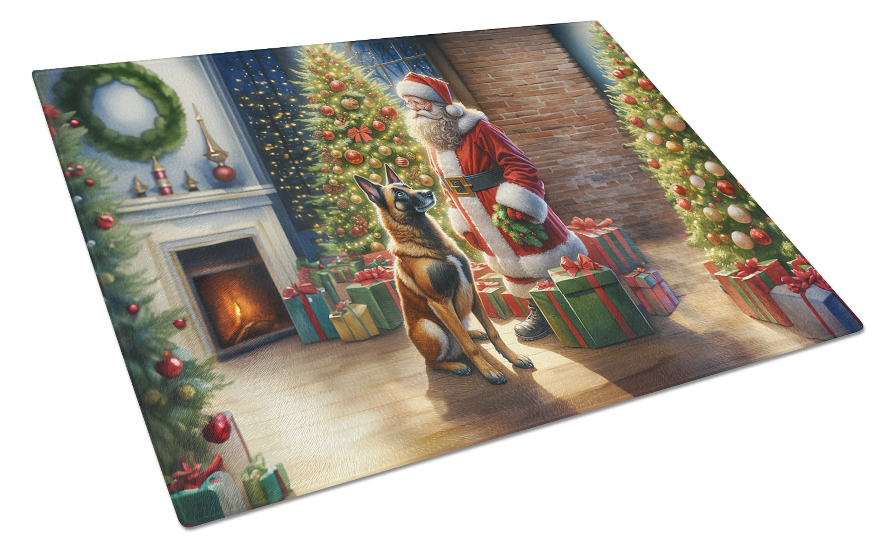 Belgian Malinois and Santa Claus Cutting Board Tempered Glass Kitchen Cutting Surface, Heat Resistant Chopping, Non-Slip Feet, Food Prep & Serving