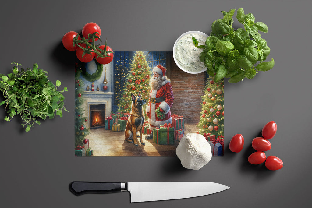 Belgian Malinois and Santa Claus Cutting Board Tempered Glass Kitchen Cutting Surface, Heat Resistant Chopping, Non-Slip Feet, Food Prep & Serving