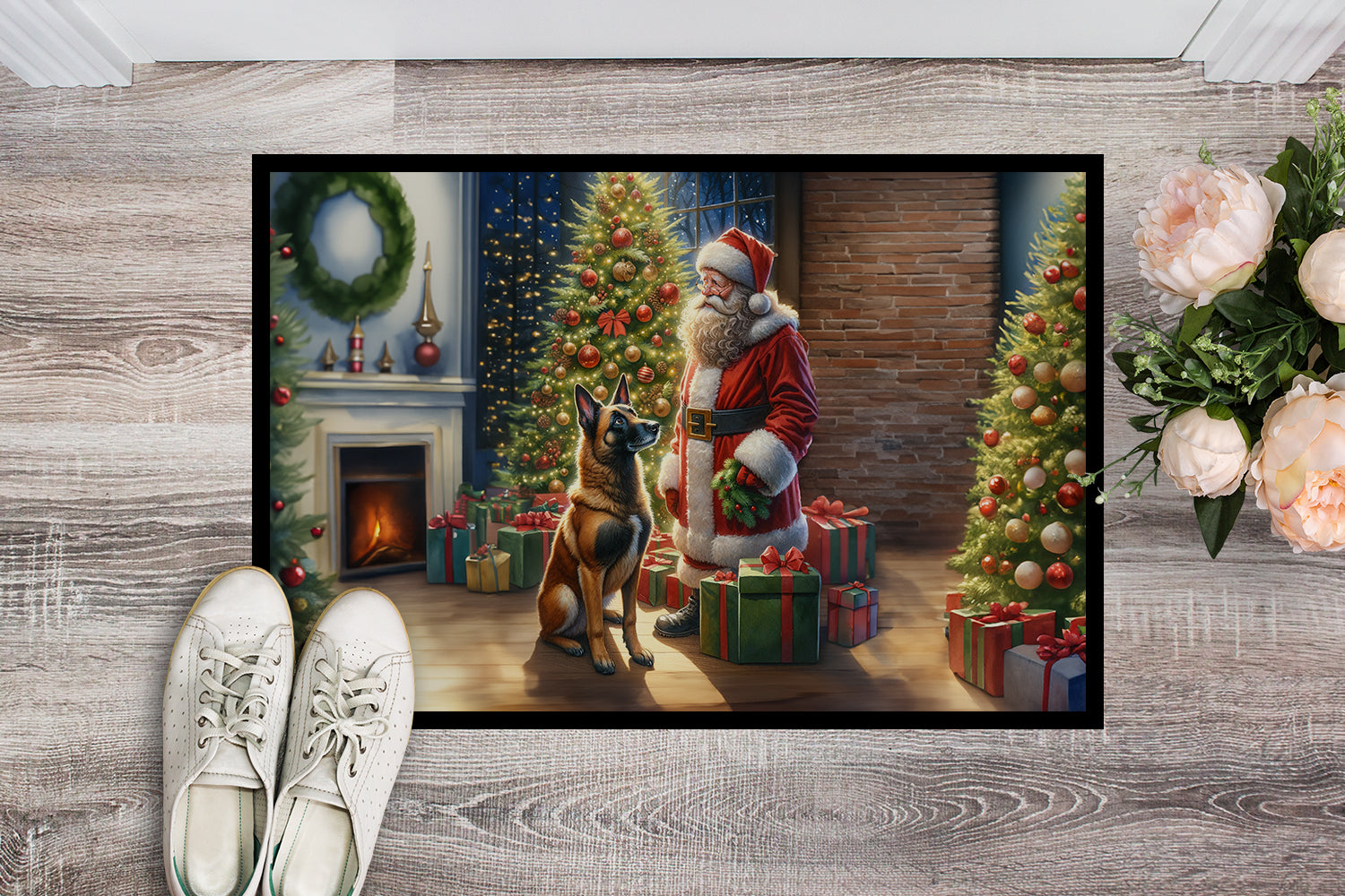 Belgian Malinois and Santa Claus Doormat Indoor Outdoor 18H X 27W Front Door Mat Rugs for Entryway, Non Slip Washable