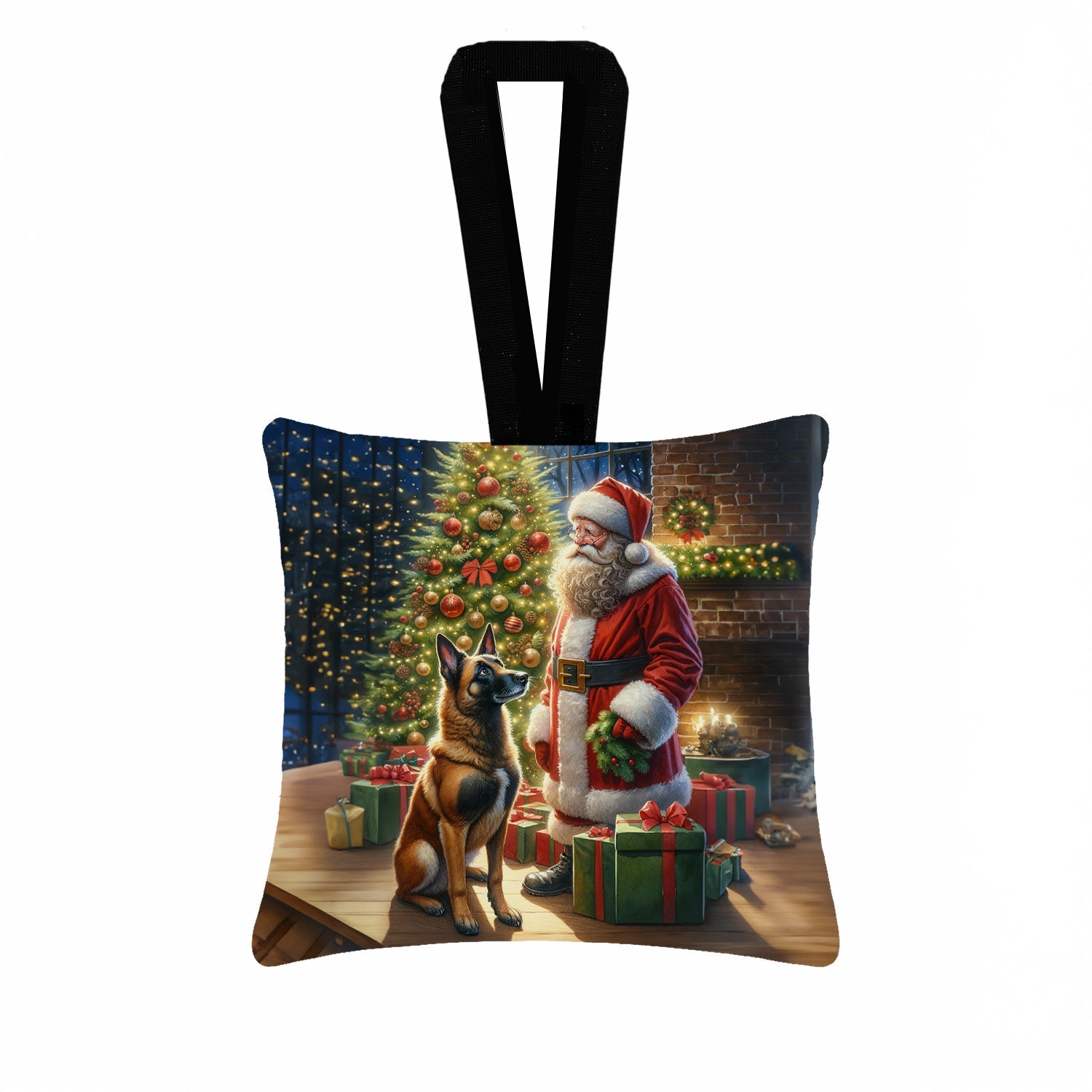 Belgian Malinois and Santa Claus Hanging Square Fabric Ornament 3.5 × 3.5 Decorative Door-Knob & Tree Hanger, Soft Fabric